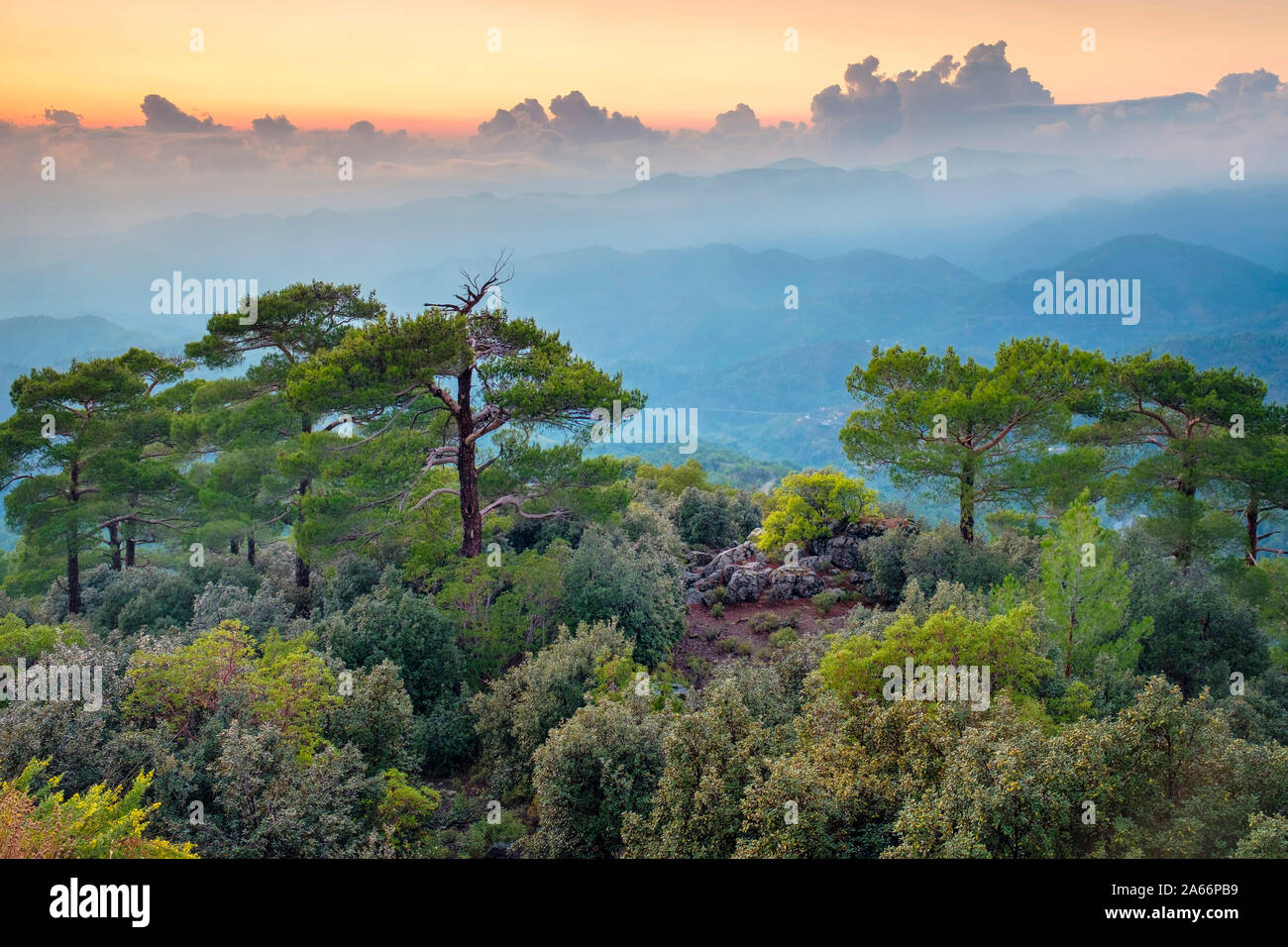 TroÃ¶ dos Berge Landschaft bei Sonnenuntergang, Pano Platres, Limassol, Zypern Stockfoto