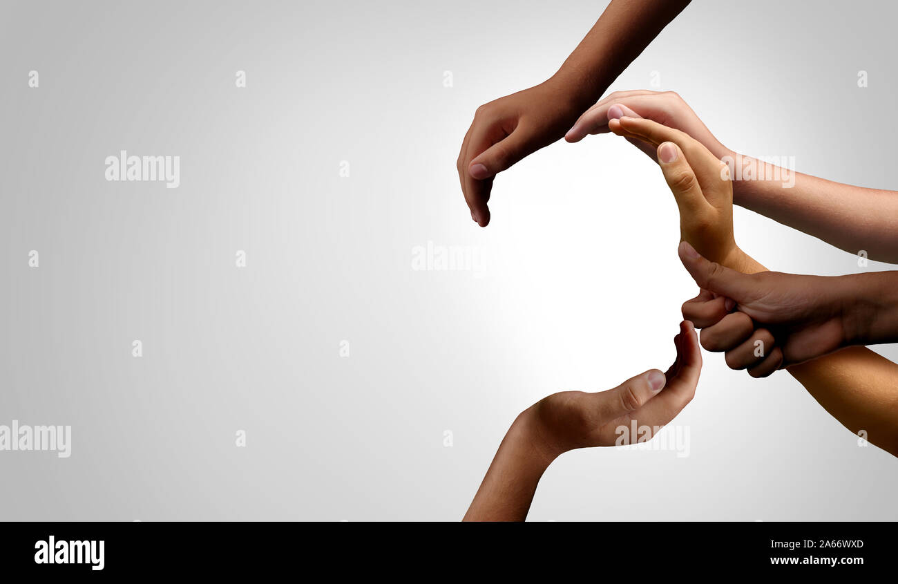 Einheit und Vielfalt Partnerschaft als Business Startup und Teamwork oder zweisamkeit Konzept mit Hände zusammen in einer Gruppe von unterschiedlichen verbunden. Stockfoto