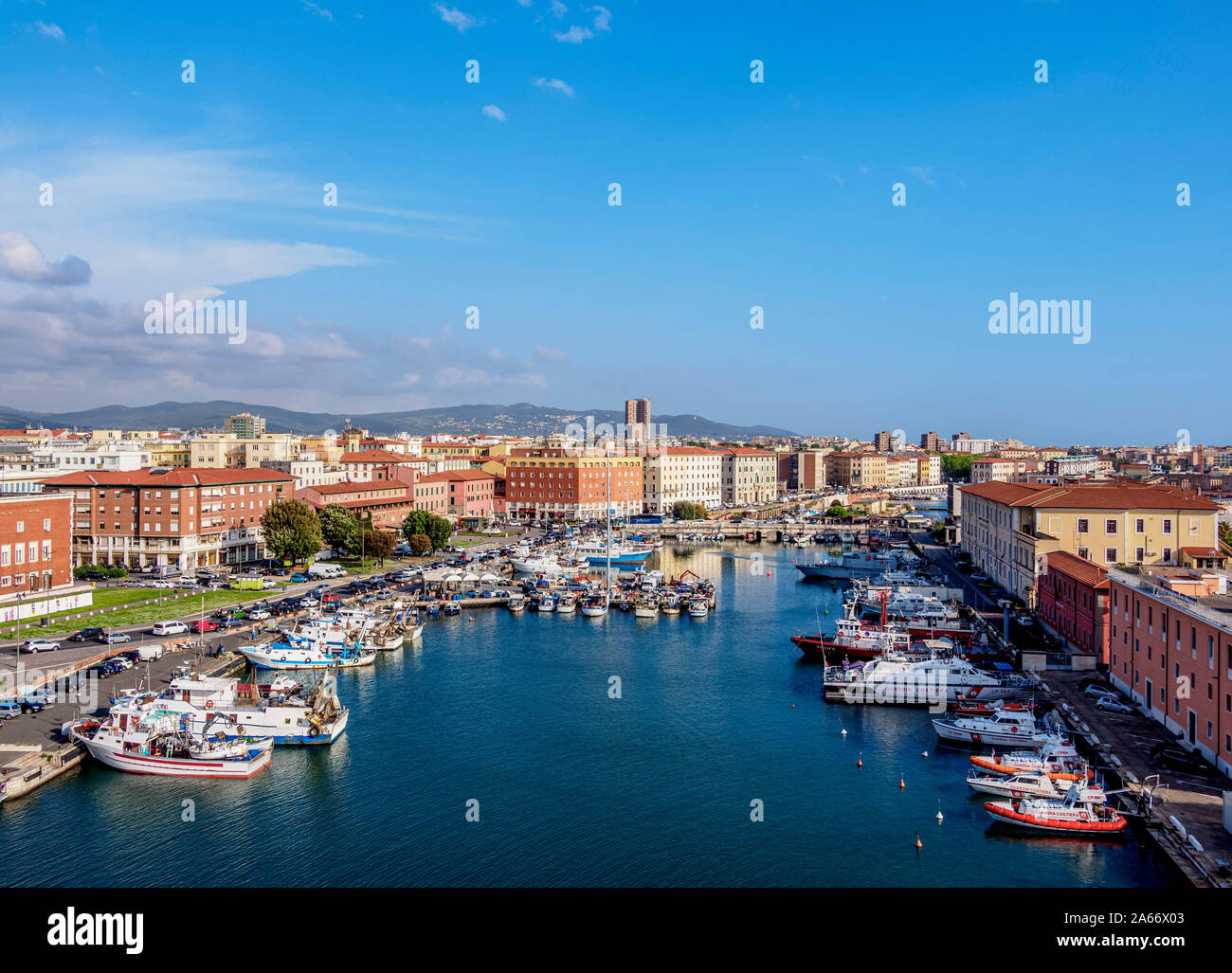 Darsena Vecchia, alte Dock, Erhöhte Ansicht, Livorno, Toskana, Italien Stockfoto