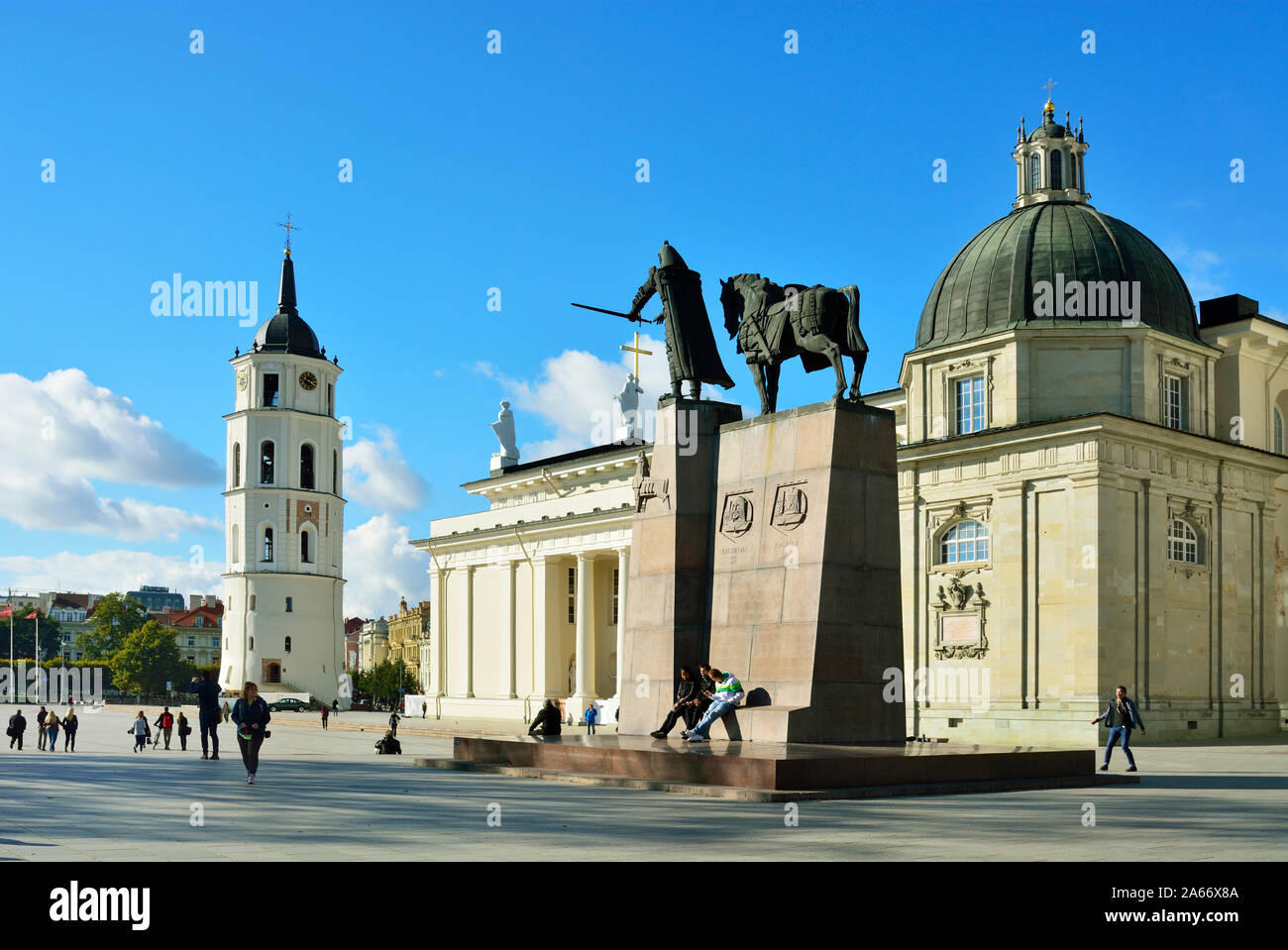 Die Kathedrale von St. Stanislav und St. Vladislav mit der Statue des Königs Gediminas. Ein UNESCO-Weltkulturerbe, Vilnius. Litauen Stockfoto