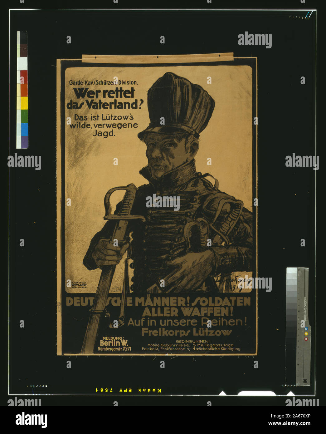 Wer rettet das Vaterland Das LÜTZOW's wilde, verwegne Jagd. Deutsche Männer! Soldaten aller Waffen! In unsere Reihen! Freikorps Lützow/L. Impekoven, 1919. Stockfoto