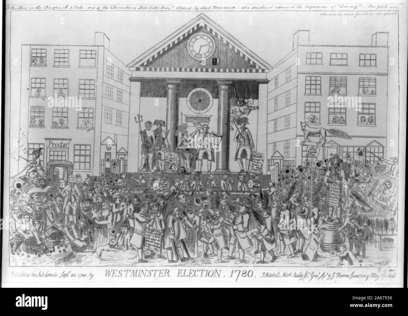 Westminster Wahl 1780 Abstract: Drucken zeigt Herr Lincoln auf der rechten Seite von St. Paul's Portico stehend, Charles James Fox in der Mitte mit dem Britannia und die britische Löwe stand, und auf der linken Seite, James Young, als Proxy für Admiral Rodney, mit Neptun handelt, während die Westminster Wahl; eine große Volksmenge füllt im Vordergrund. Stockfoto