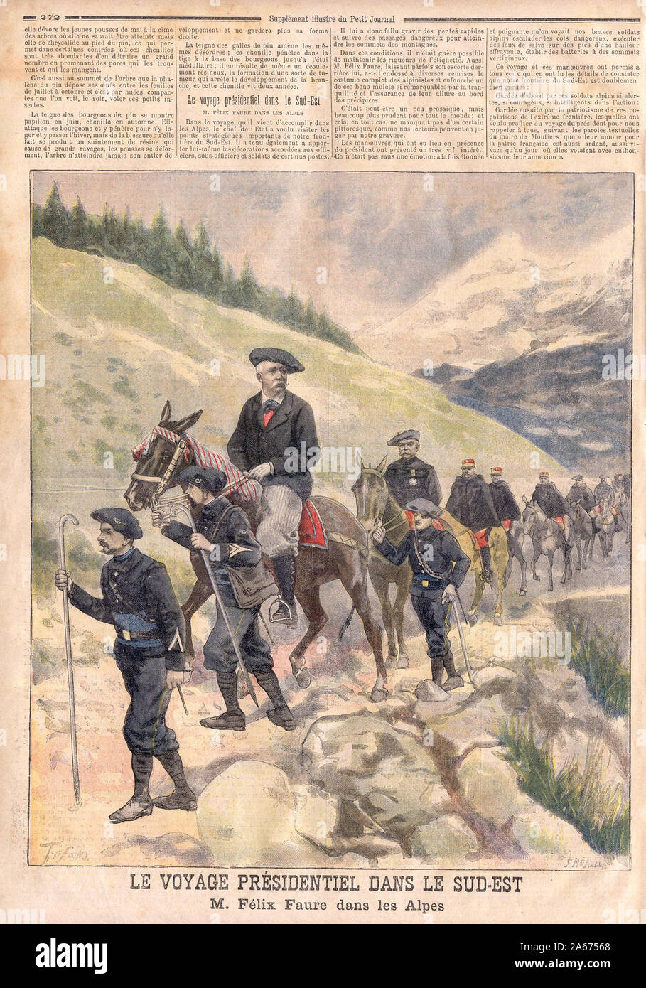 LE VOYAGE PRÉSIDENTIEL Félix Faure dans les Alpes - Die PRÄSIDENTSCHAFTSREISE Félix Faure in die Alpen - In "Le Petit Journal" Französische illustrierte Zeitung Stockfoto