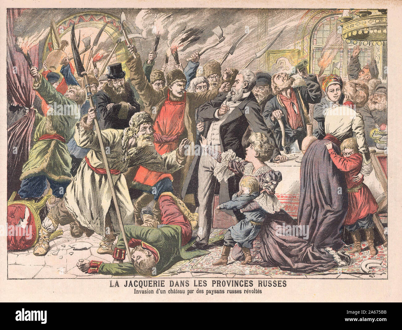 LA JACQUERIE DANS LES PROVINCES RUSSES Invasion d'un Château par les paysans Russes révoltés - BAUERNAUFSTAND IN DER RUSSISCHEN PROVINZ Invasion einer Burg von Aufständischen russischen Bauern - In "Le Petit Journal" Französische illustrierte Zeitung Stockfoto