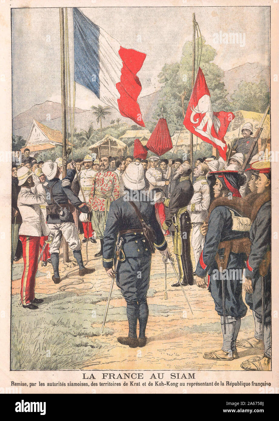 LA FRANCE AU SIAM Remise, par les autorités siamoises, des Territoires de Krat et de Koh-Kong au représentant de la République française - FRANKREICH ZUM SIAM Remission, die siamesischen Behörden, der Gebiete der Krat und Koh-Kong auf die Vertreter der Französischen Republik - In "Le Petit Journal" Französische illustrierte Zeitung Stockfoto