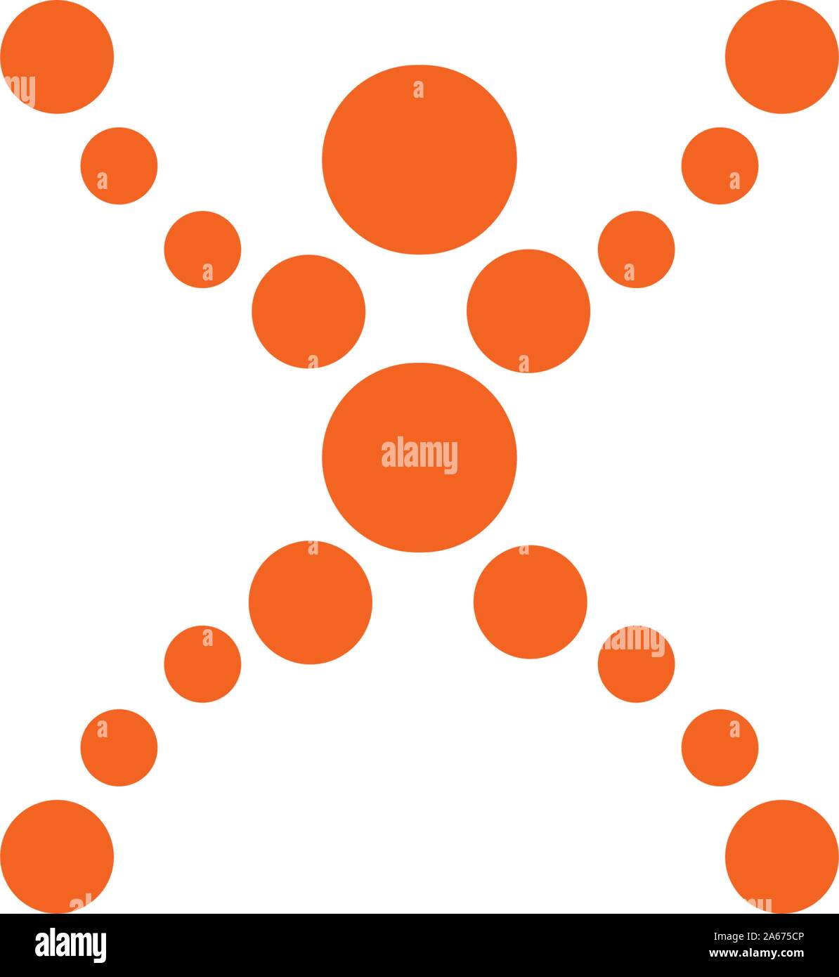 Abstrakte menschliche Figur von orange Kugeln in verschiedenen Größen, X-Position, Vektor logo tamplate. Menschliche Gesundheit und Energie Symbol, einfache Silhouette. Zusammenfassung Stock Vektor