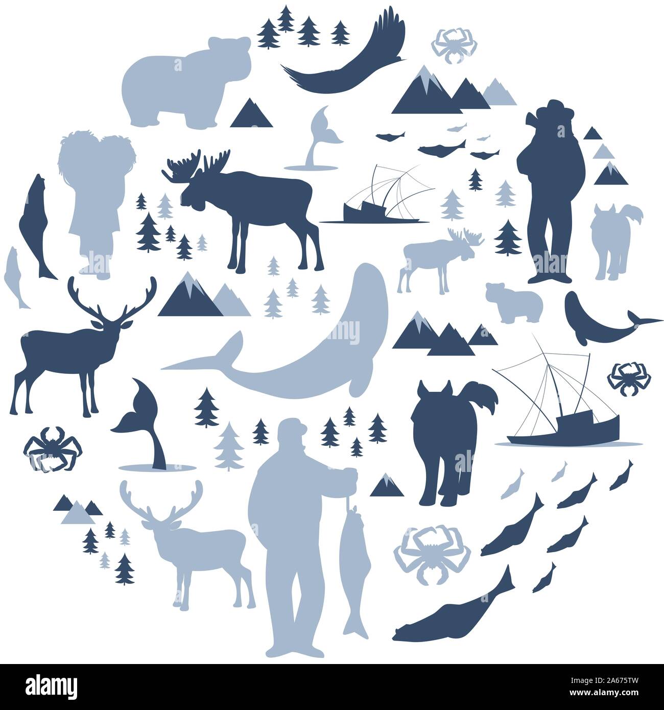 North Polar circle Symbole und Bilder. Tiere, Eskimos, Wälder, Berge, Jäger, Boote, Fische und Fischer Stock Vektor