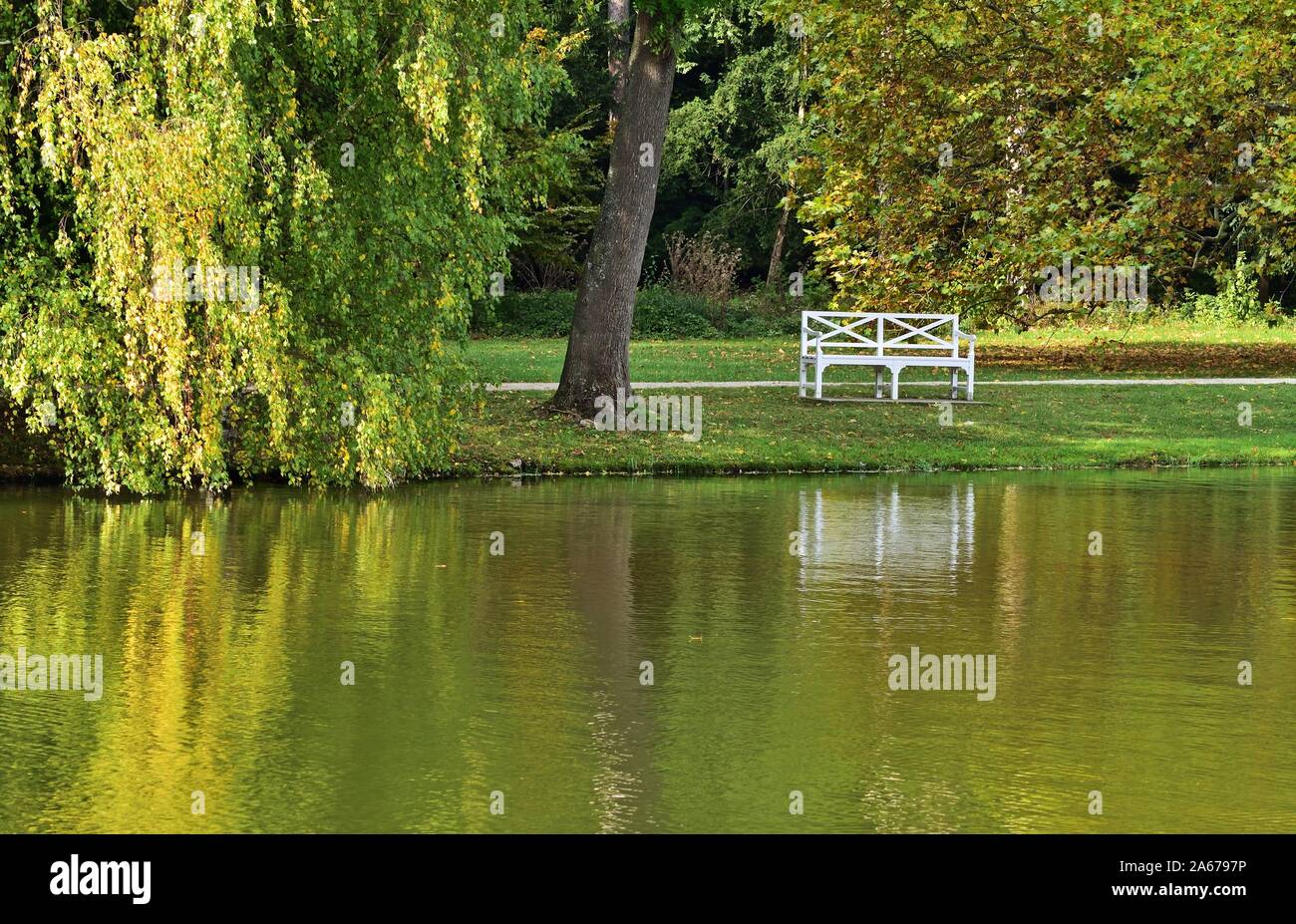 Herbstliche Stimmung - weiße Bank an der See Stockfoto