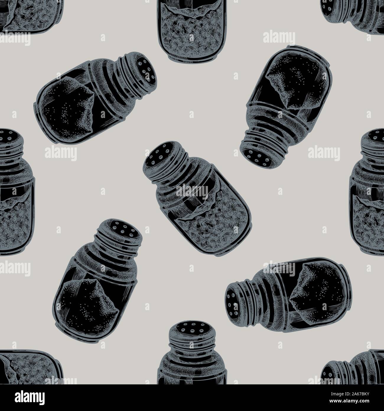 Nahtlose Muster mit Hand gezeichnet stilisierte Pfefferstreuer, Salzstreuer lieferbar Abbildung: Stock Vektor