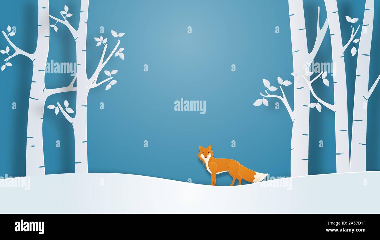 Winter Landschaft Hintergrund mit einsamen Fuchs in Papier schneiden Stil. Vector Illustration mit Schnee und Baum im Wald. Design für Poster, wallpa Stock Vektor