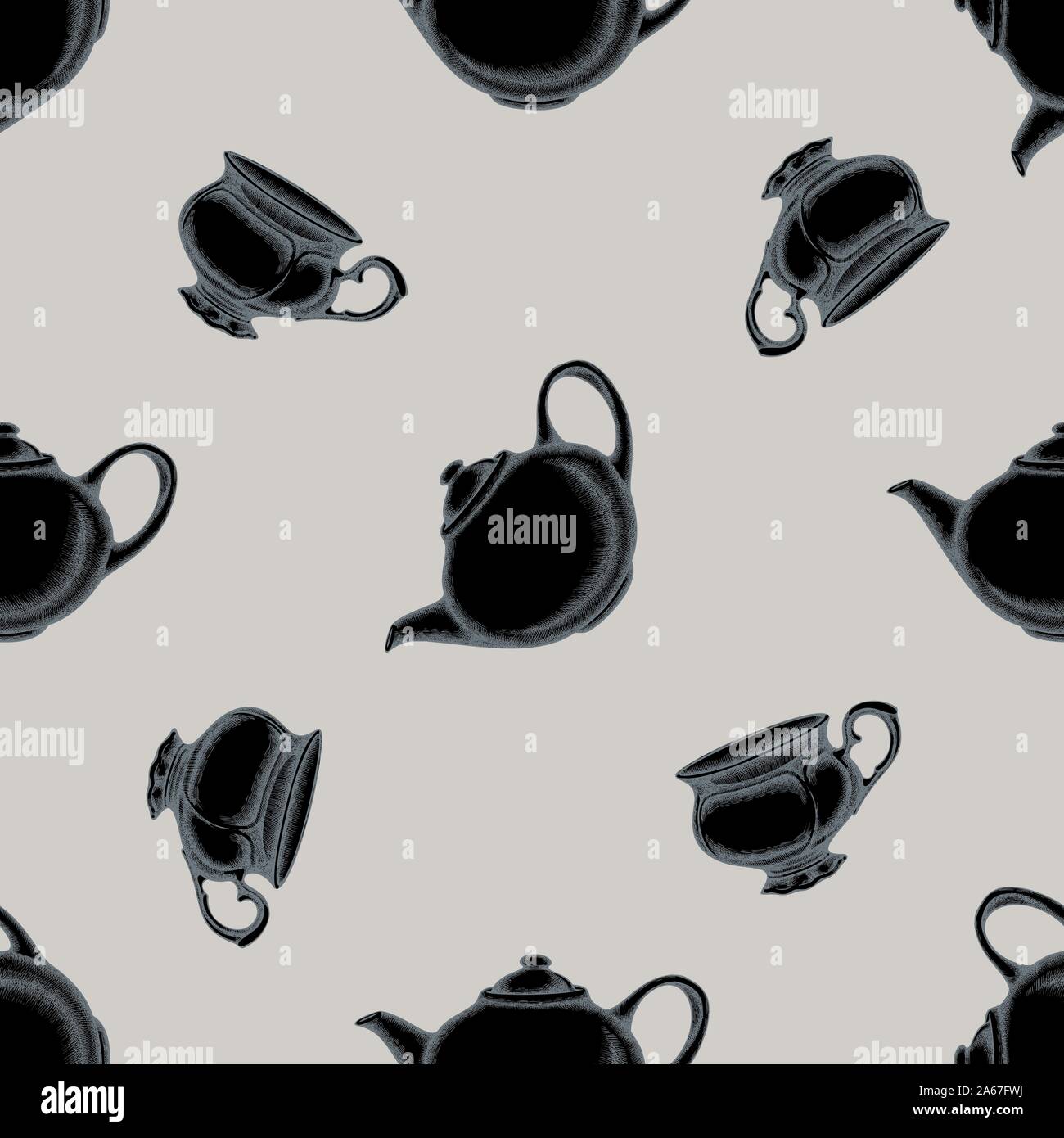 Nahtlose Muster mit Hand gezeichnet stilisierte Teekannen, Tassen lieferbar Abbildung: Stock Vektor