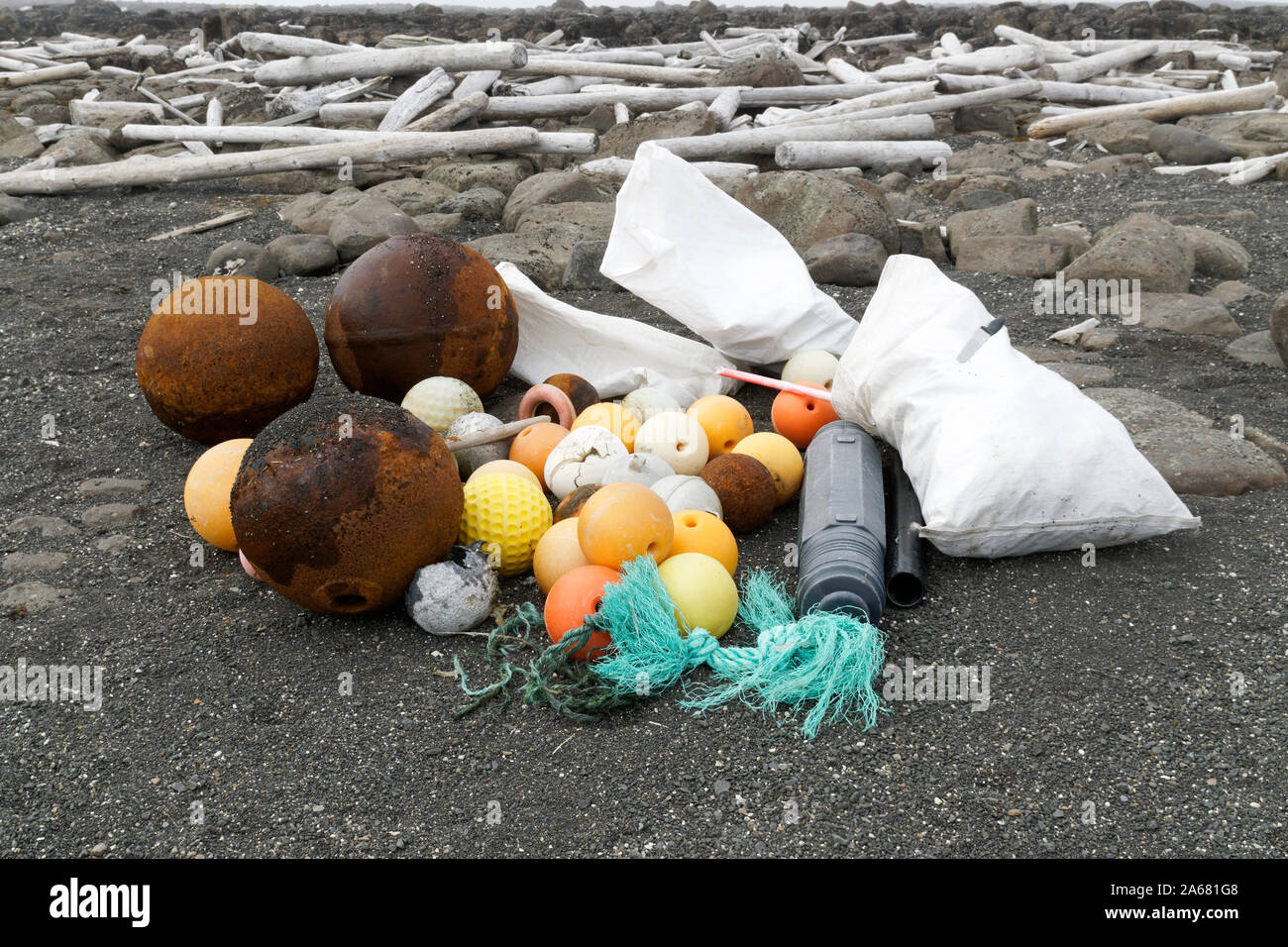 Kunststoffe in der Nähe des Nordpols: Svalbard-Kampagne der Sysselmannen aufräumen. Ein Teil des Wasts wurde von Freiwilligen, Agardhbukta, Svalbard, Norwegen, gesammelt Stockfoto
