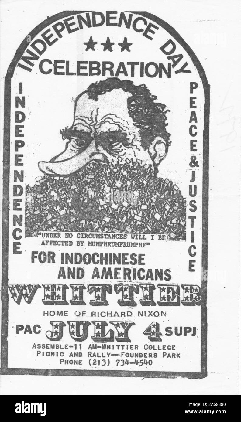 Flugblatt mit einer Karikatur von Richard Nixon, die eine Anti-Vietnam-Feier zum Unabhängigkeitstag und ein Picknick und eine Rallye, die mit dem Whittier College in Verbindung gebracht und im Founders Memorial Park, Whittier, Kalifornien, 1972 veranstaltet wird, wirbt. () Stockfoto