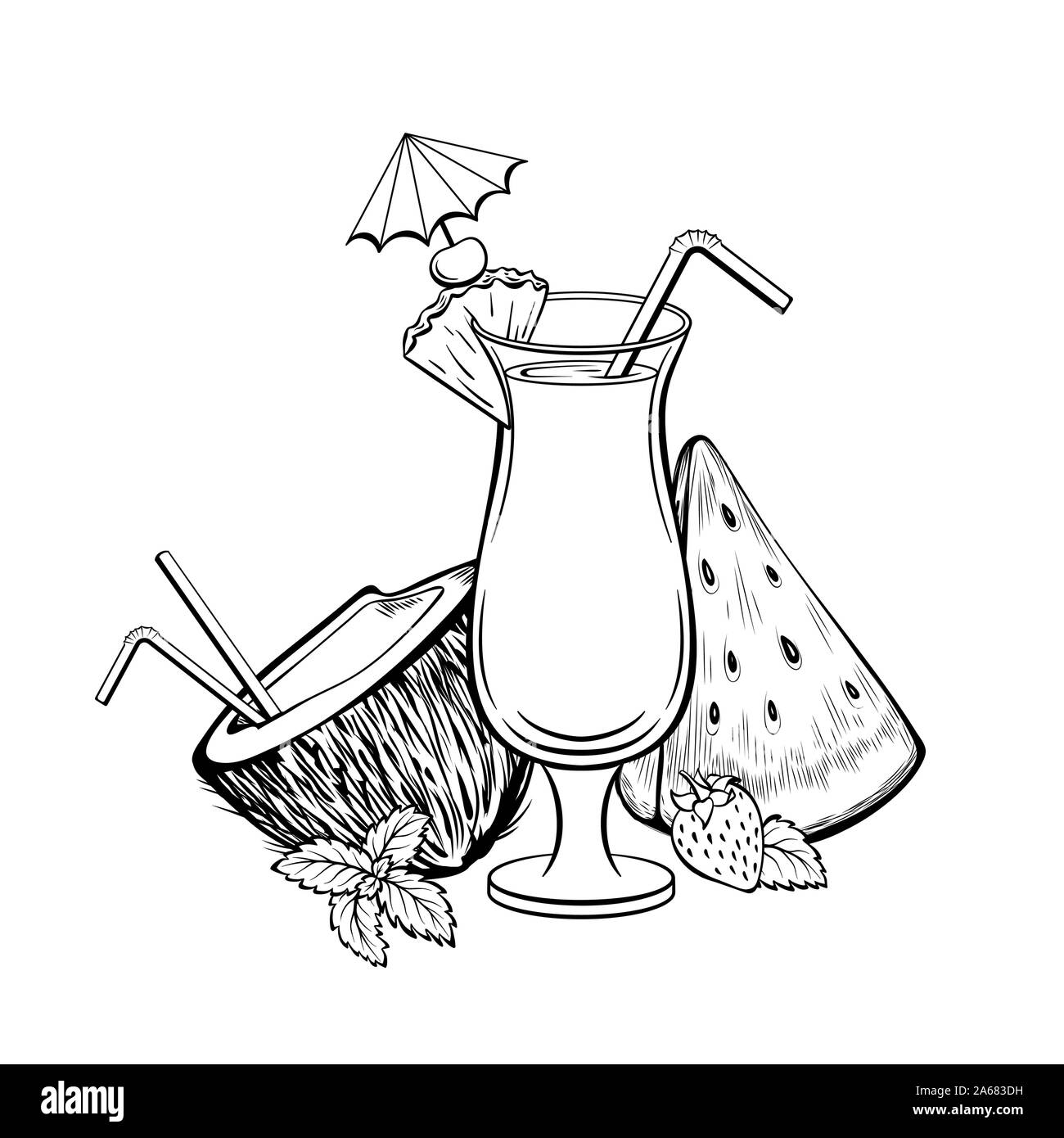 Exotischen cocktail Hand gezeichnet Vector Illustration. Sommer, Freizeit, tropisches Resort Symbol. Leckere Erfrischung mit Stroh und Regenschirm schwarze und weiße Zeichnung. Kokosnuss, Wassermelone und Erdbeere Stock Vektor