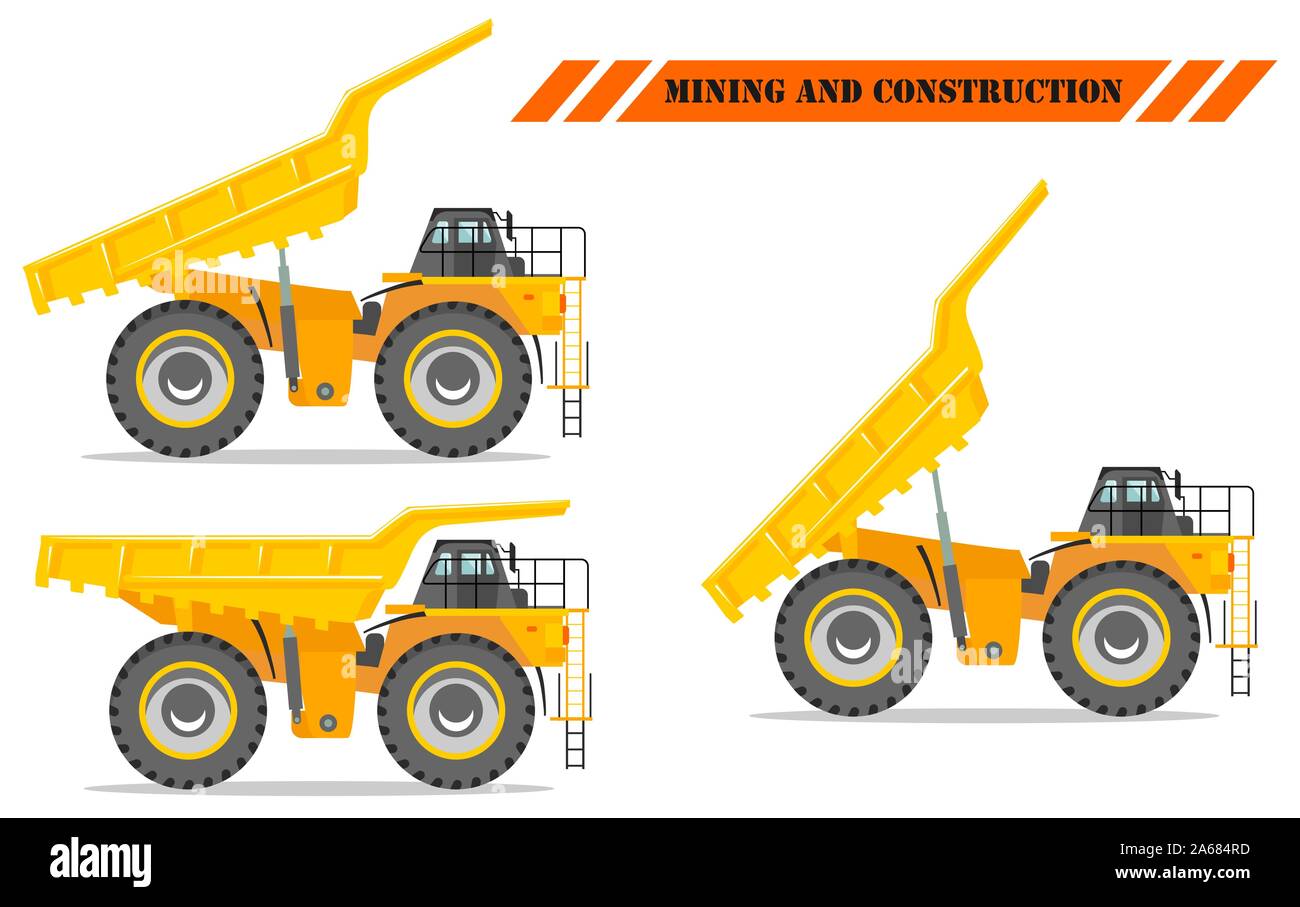Off-highway-Lkw mit verschiedenen Körper Position. Schwere Bergbau Maschinen und Baumaschinen. Vector Illustration. Stock Vektor