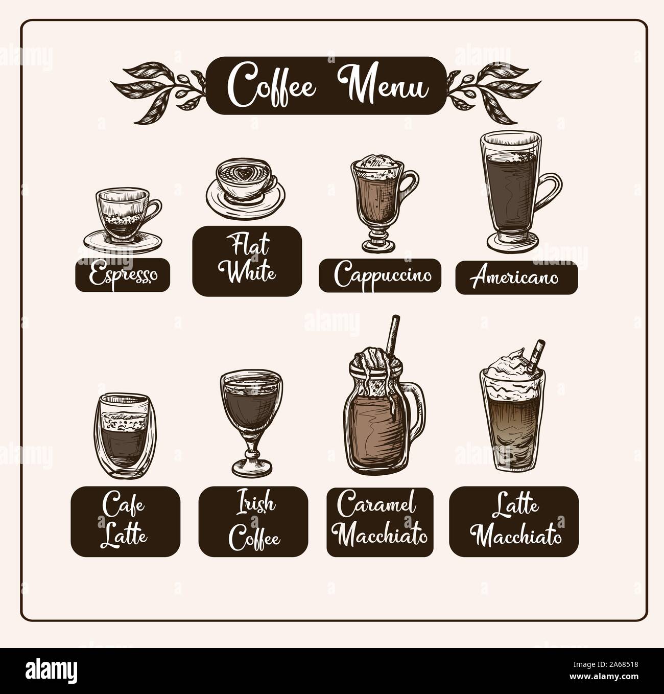 Kaffee Menü mit verschiedenen Getränken. Vektor. Stock Vektor