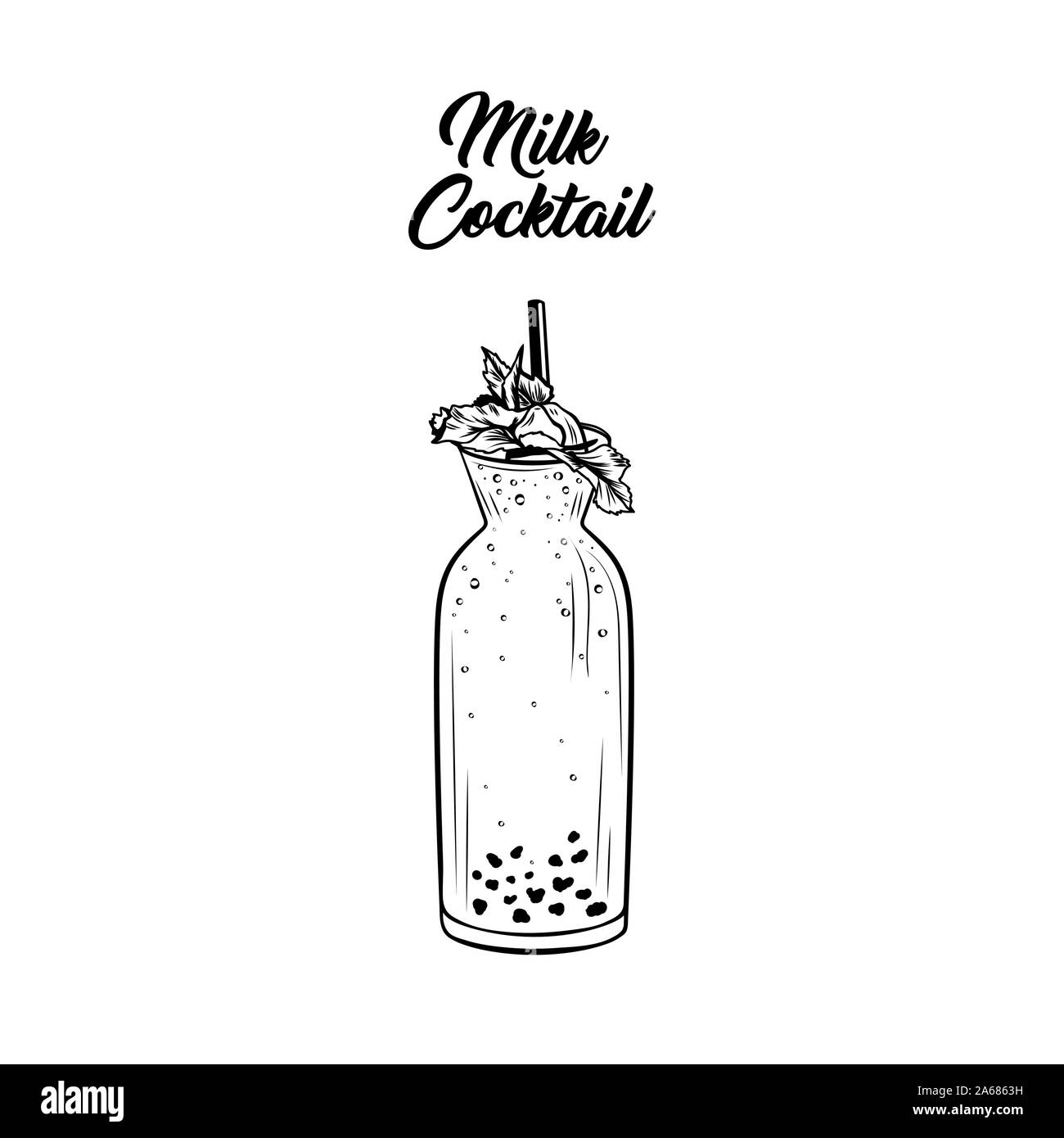 Milch cocktail Vector schwarz und weiß Abbildung. Sommer Drink mit Kunststoff Stroh, Minze Dekoration schwarze Tinte Skizze. Milchshake in Gläsern mit Schriftzug. Cafe Menü, Poster design Element Stock Vektor