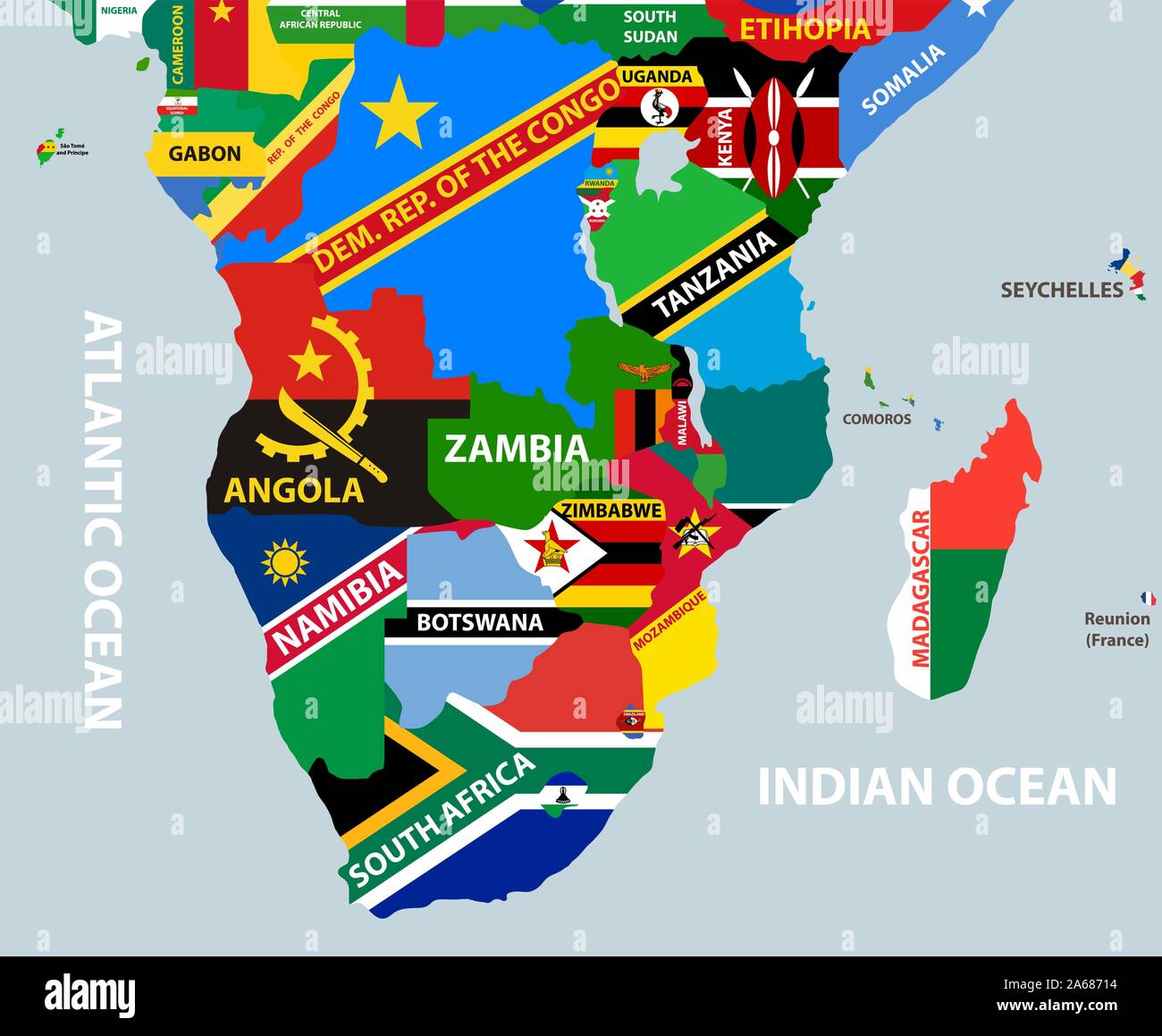 Vektor Teil der Weltkarte mit der südafrikanischen Länder mit ihren nationalen Flaggen gemischt Stock Vektor
