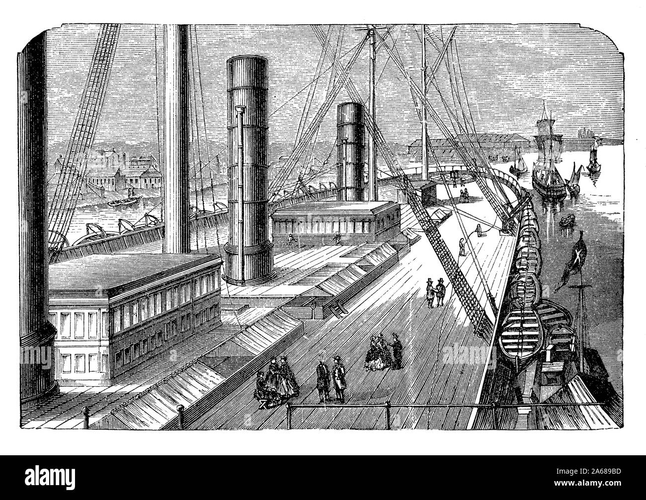 Die nach dem Deck der Großen Östlichen Bügeleisen segeln Steamship im Jahr 1858 das größte Schiff überhaupt zu dieser Zeit gebaut wurde Stockfoto Die nach dem Deck der Großen Östlichen Bügeleisen segeln Steamship im Jahr 1858 das größte Schiff überhaupt zu dieser Zeit gebaut wurde Stockfoto