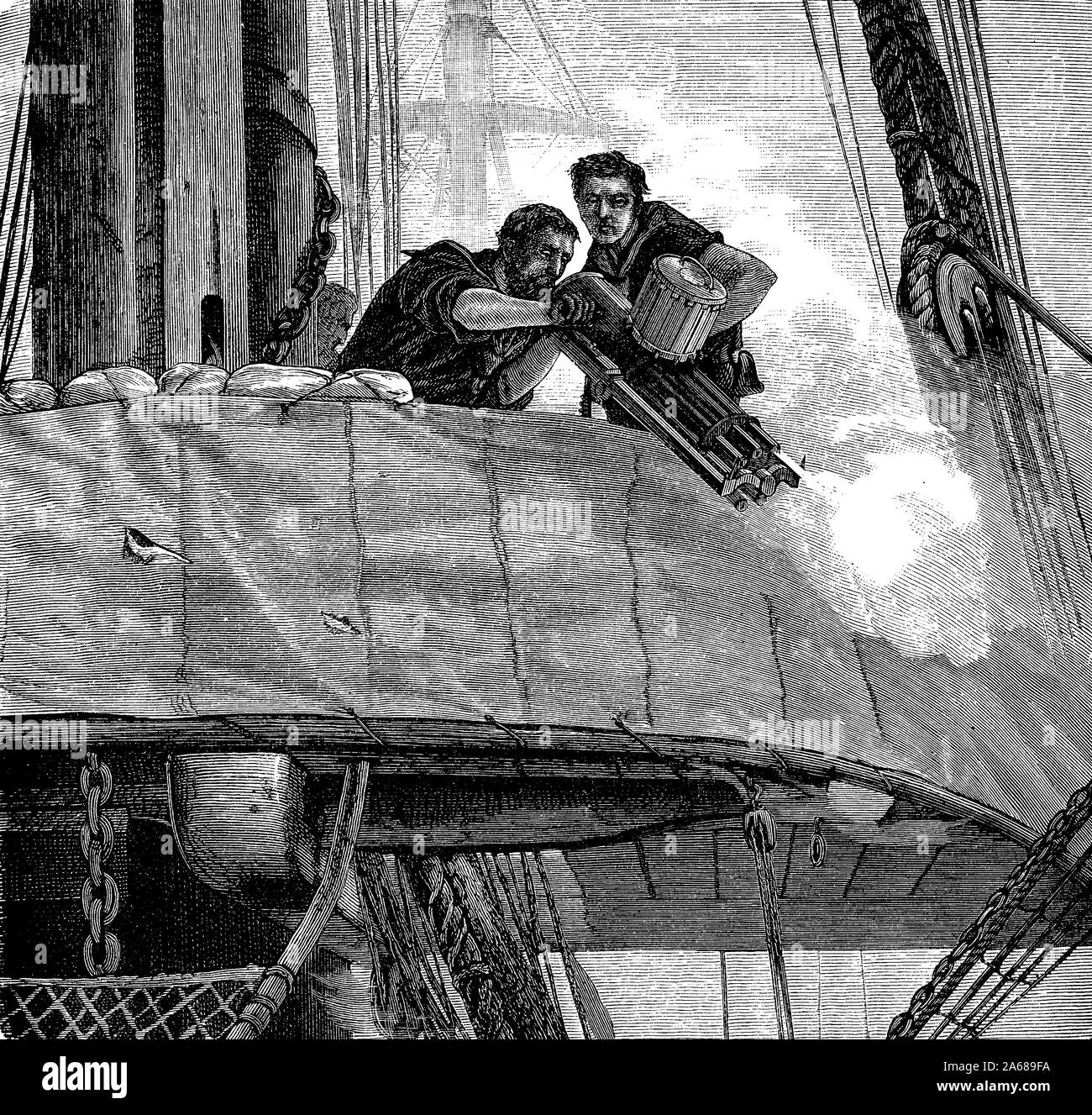 Gaitling Pistole die ersten rasanten Hand durchgedreht Waffe abfeuern von einem Kriegsschiff, 19. Jahrhundert Stockfoto