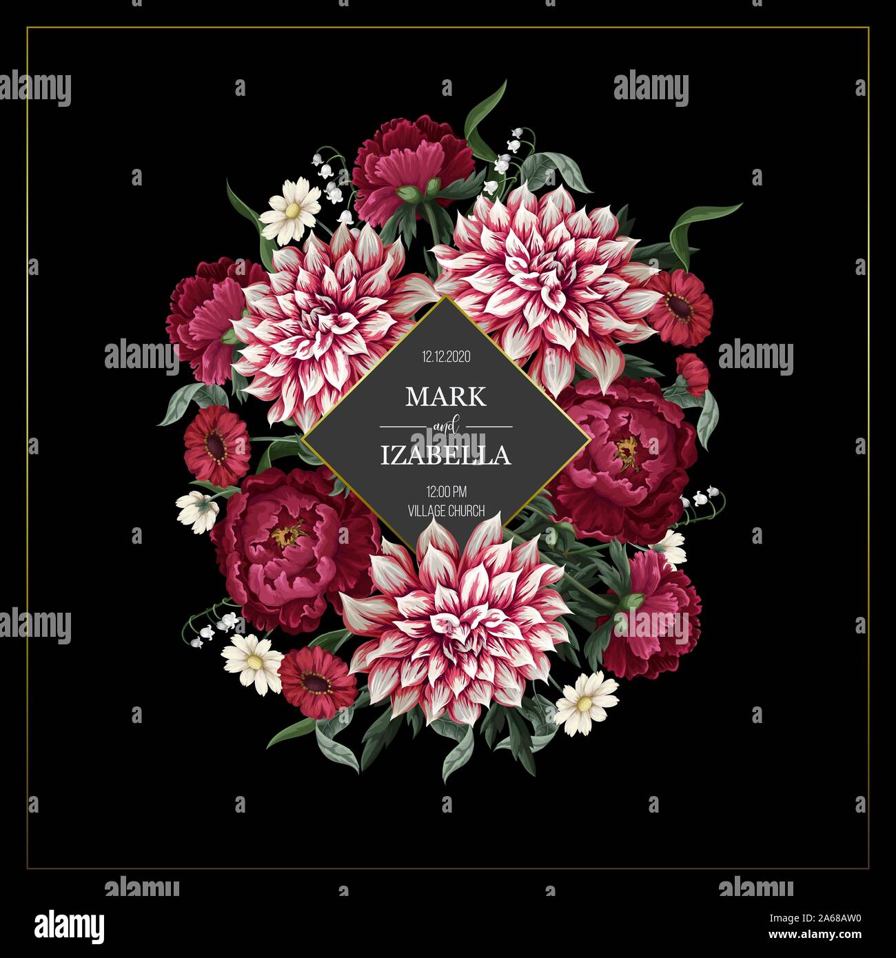 Hochzeit Einladung mit Dahlie, Pfingstrosen und wilden Blumen. Vektor. Stock Vektor