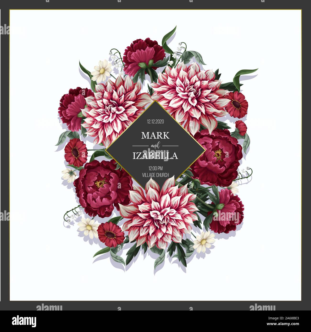 Hochzeit Einladung mit Dahlie, Pfingstrosen und wilden Blumen. Vektor. Stock Vektor