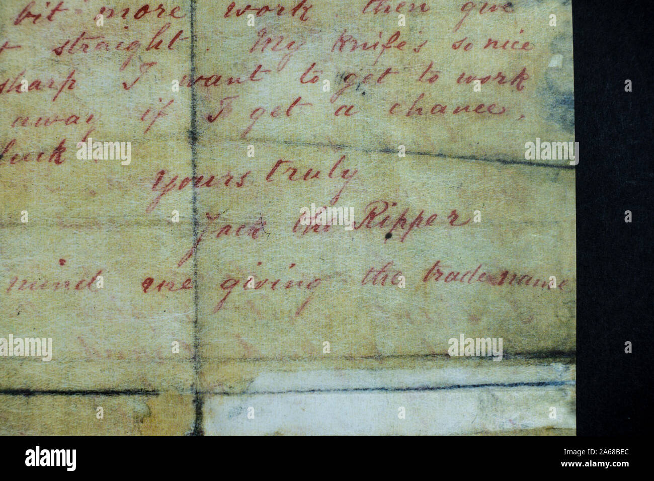 Replica Erinnerungsstücke über Jack The Ripper: Die 'Jack The Ripper' Unterschrift auf dem "Boss" Brief von der Metropolitan Police erhalten. Stockfoto