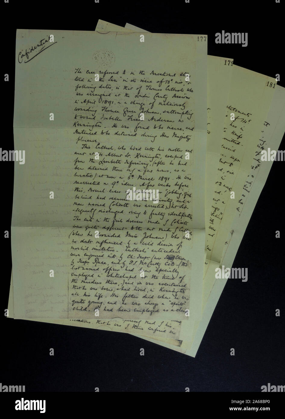 Replica Erinnerungsstücke über Jack The Ripper: Die Macnaghten Memoranden, im Zusammenhang mit einem Jack The Ripper vermuten, Thomas Cutbush, Stockfoto