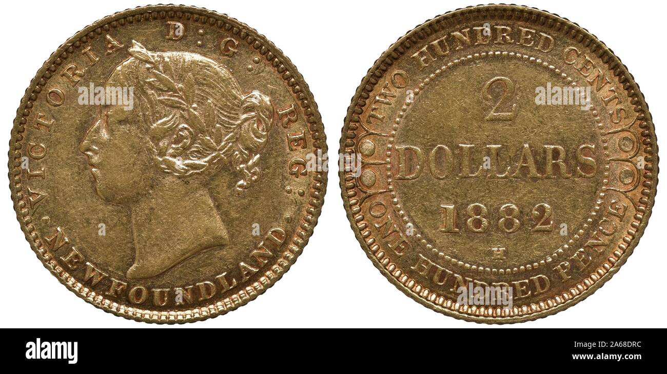 Britische Neufundland goldmünze 2 2 Dollar 1882, junge Leiter der Queen Victoria Links, Bezeichnung und Datum im Kreis, mit Rollrand Stockfoto