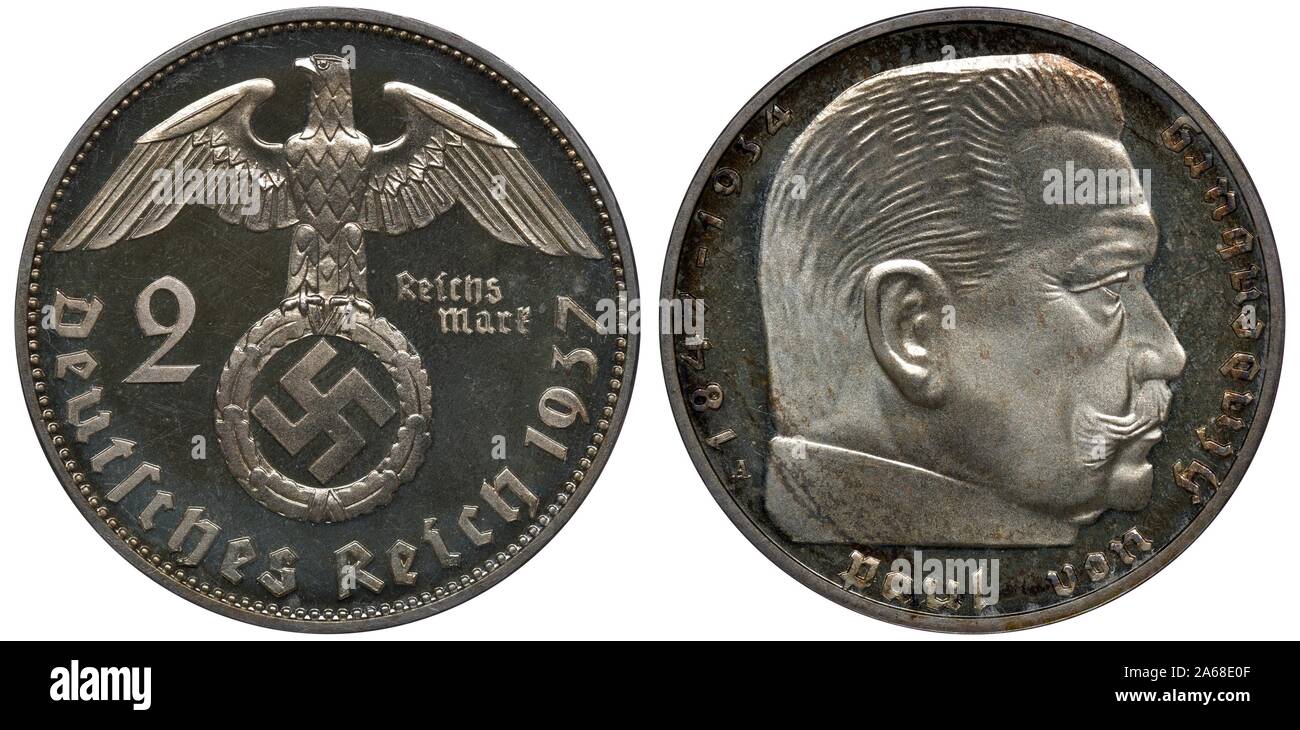 Deutschland deutsche Silber münze 2 Mark 1937, NS-Regime des Dritten Reiches, Adler mit ausgebreiteten Flügeln auf Kranz mit NS-Hakenkreuz im Inneren Stockfoto