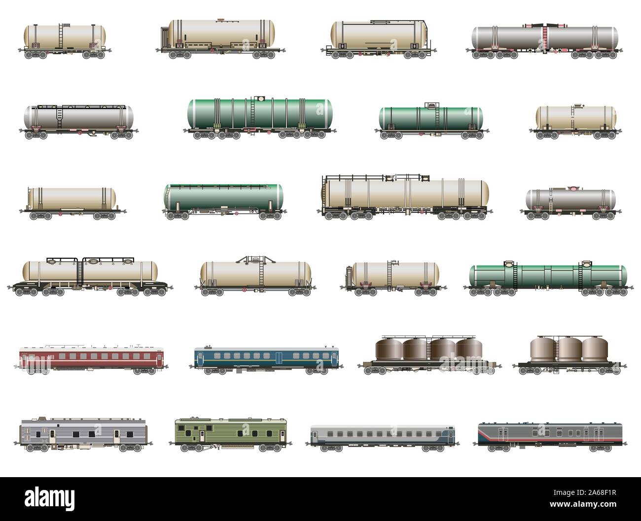 Vektor einrichten von isolierten deatiled Ikonen der Züge, Triebwagen, Waggons und Transporter Stock Vektor
