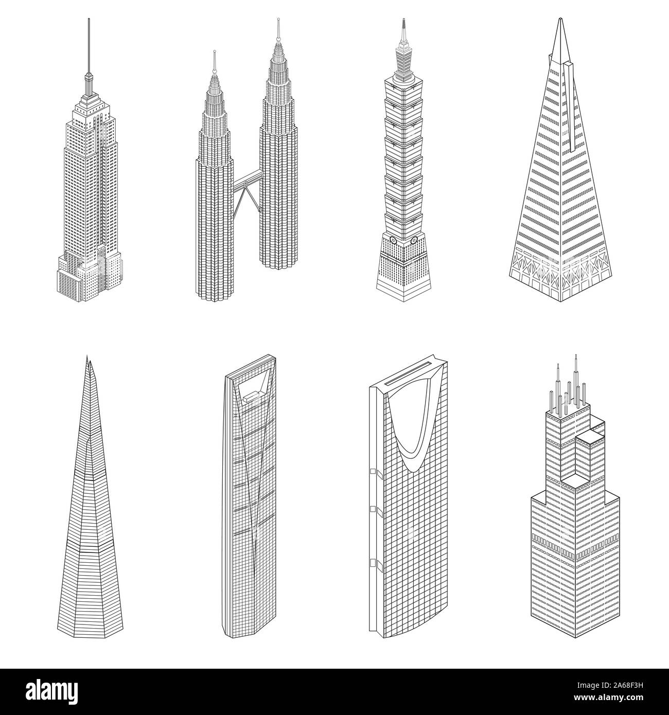Vektor berühmten Wolkenkratzer isometrische Zeichnungen Symbole Stock Vektor
