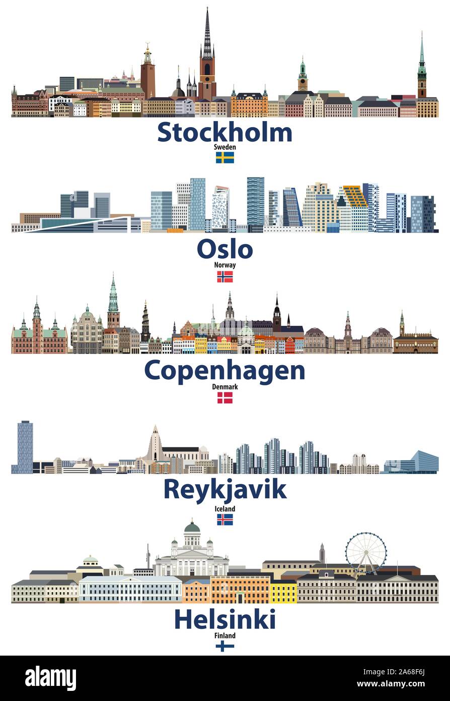 Vector Illustration von Stockholm, Oslo, Kopenhagen, Reykjavik und Helsinki Städte Skylines mit Fahnen von Schweden, Norwegen, Dänemark, Island und Finnland Stock Vektor