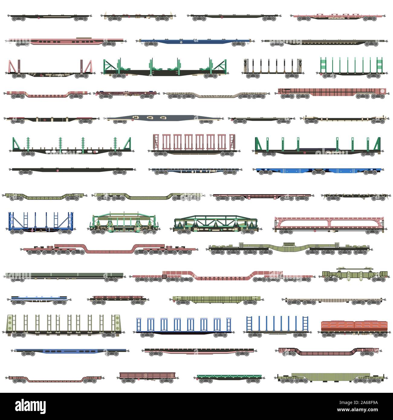 Vektor einrichten von isolierten deatiled Ikonen der Züge, Triebwagen, Waggons und Transporter Stock Vektor