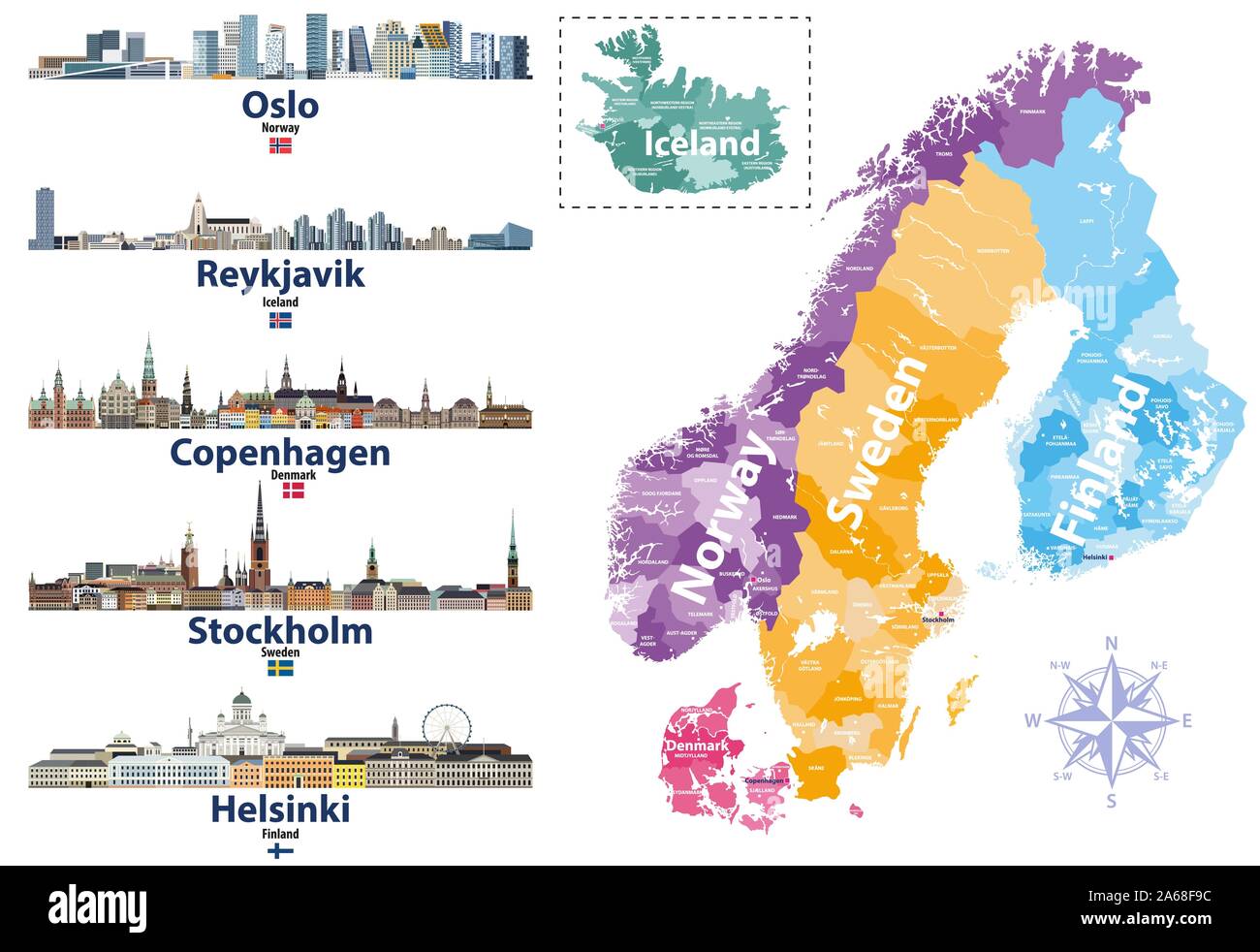 Skandinavische Länder Karte mit Hauptstädten skylines Symbole. Vector Illustration Stock Vektor