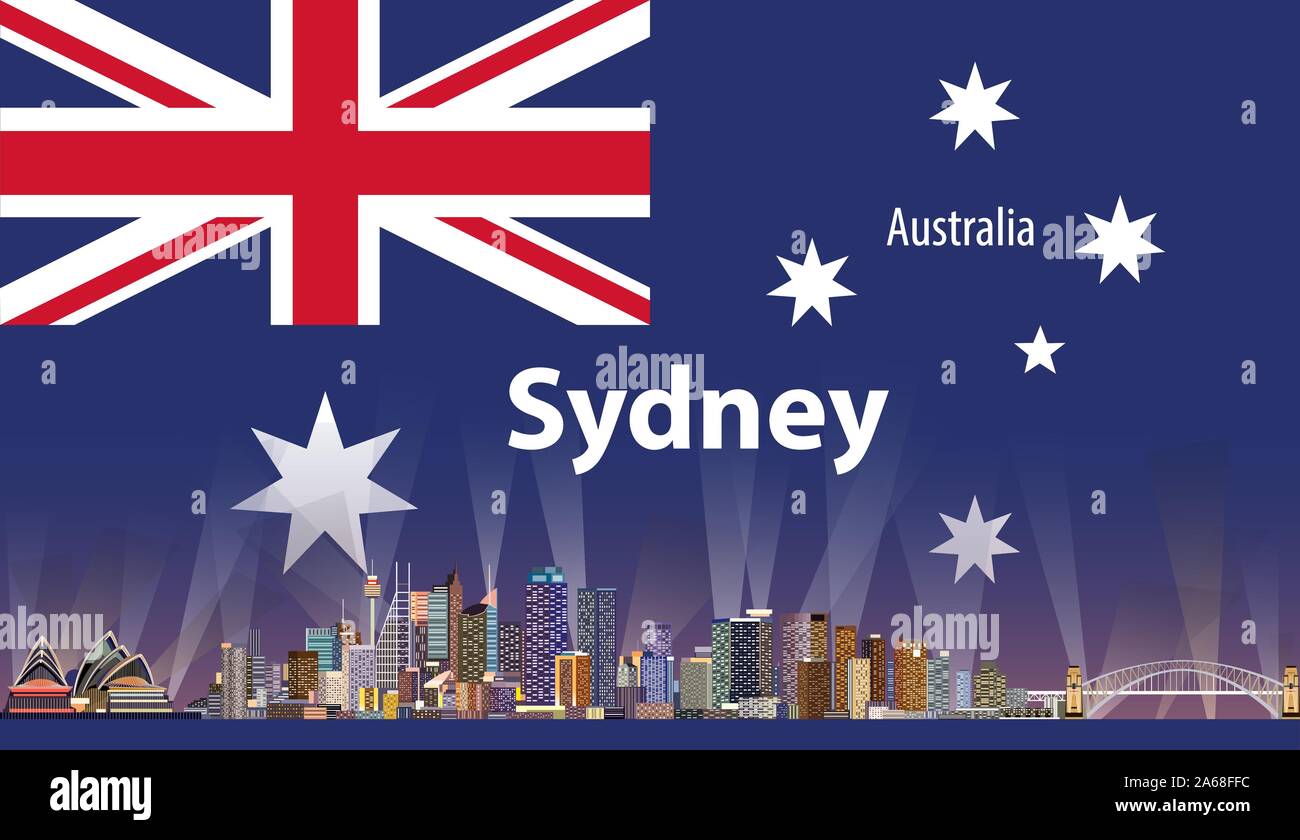 Vektor travel Poster mit Sydney Skyline der Stadt Silhouette und die australische Flagge im Hintergrund Stock Vektor