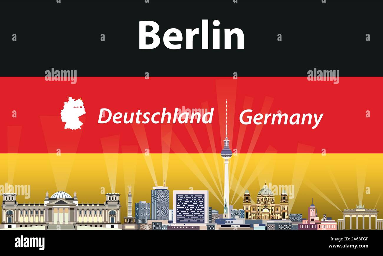 Vektor travel Poster mit Berlin City Skyline Silhouette und Deutschland Fahne im Hintergrund Stock Vektor