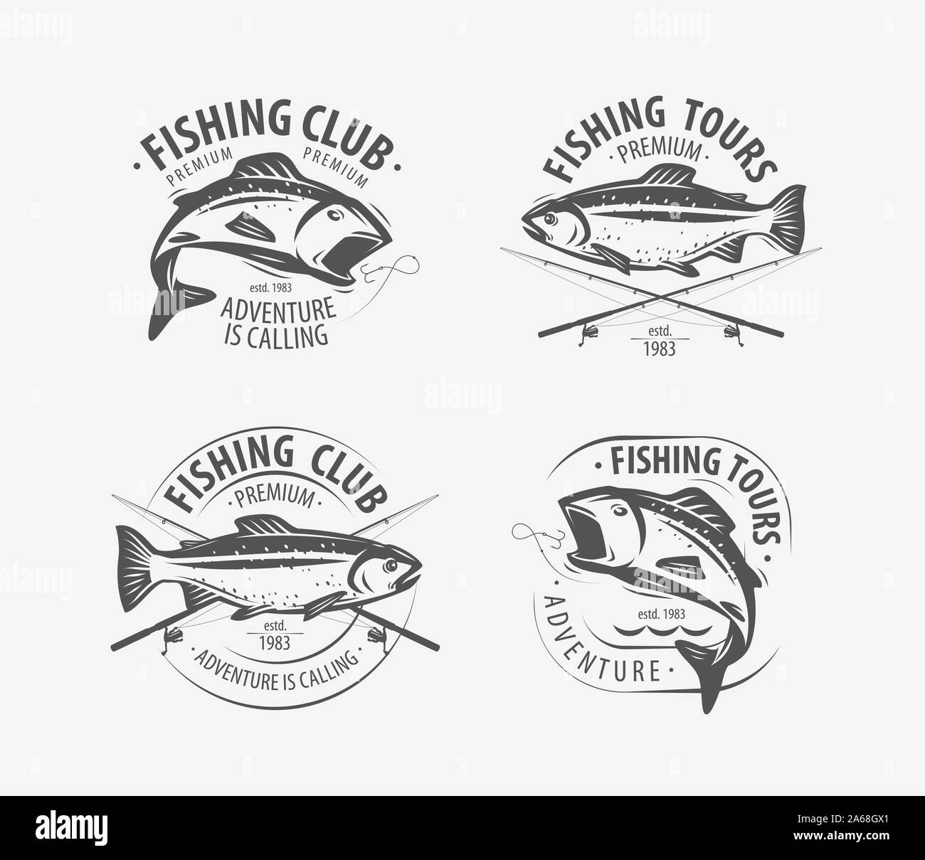 Angeln Satz von Etiketten. Fischerei Logo oder Emblem. Vektorgrafik Stock Vektor