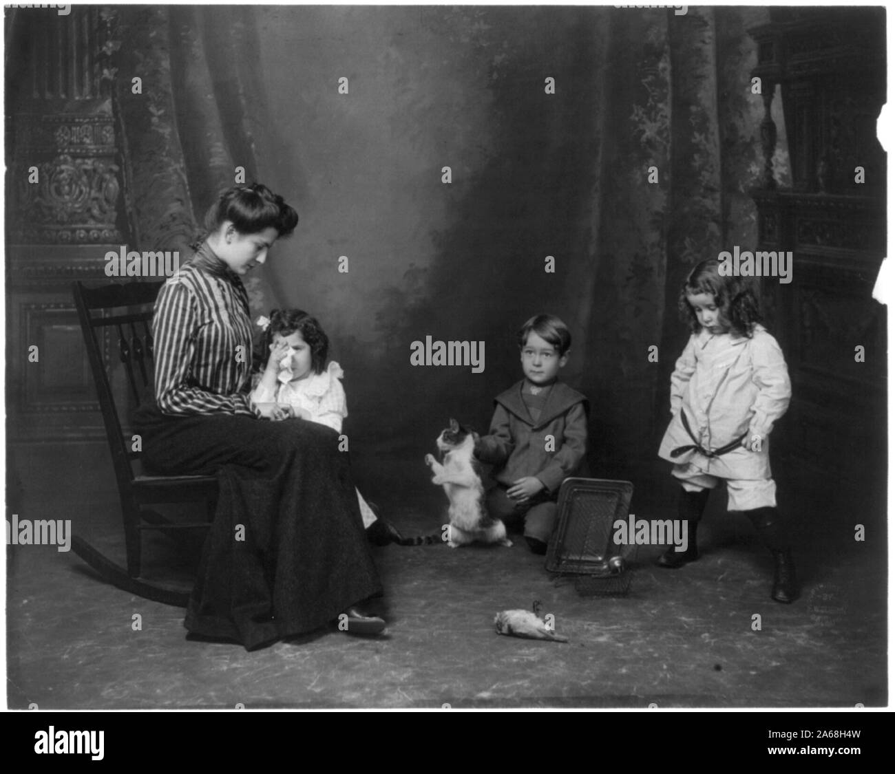 Frau und 2 Mädchen über toten Vogel weinen; boy Holding cat von Genick des Hals Stockfoto