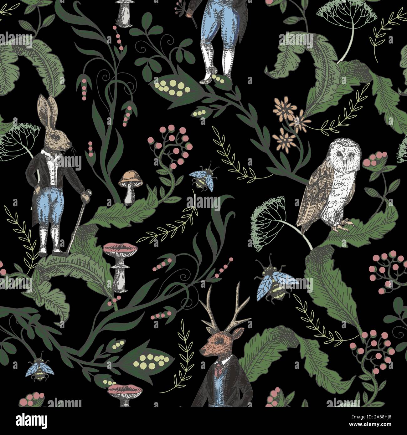 Märchenhafte Grafik nahtlose Muster mit Wald Tiere und Blumen. Stock Vektor