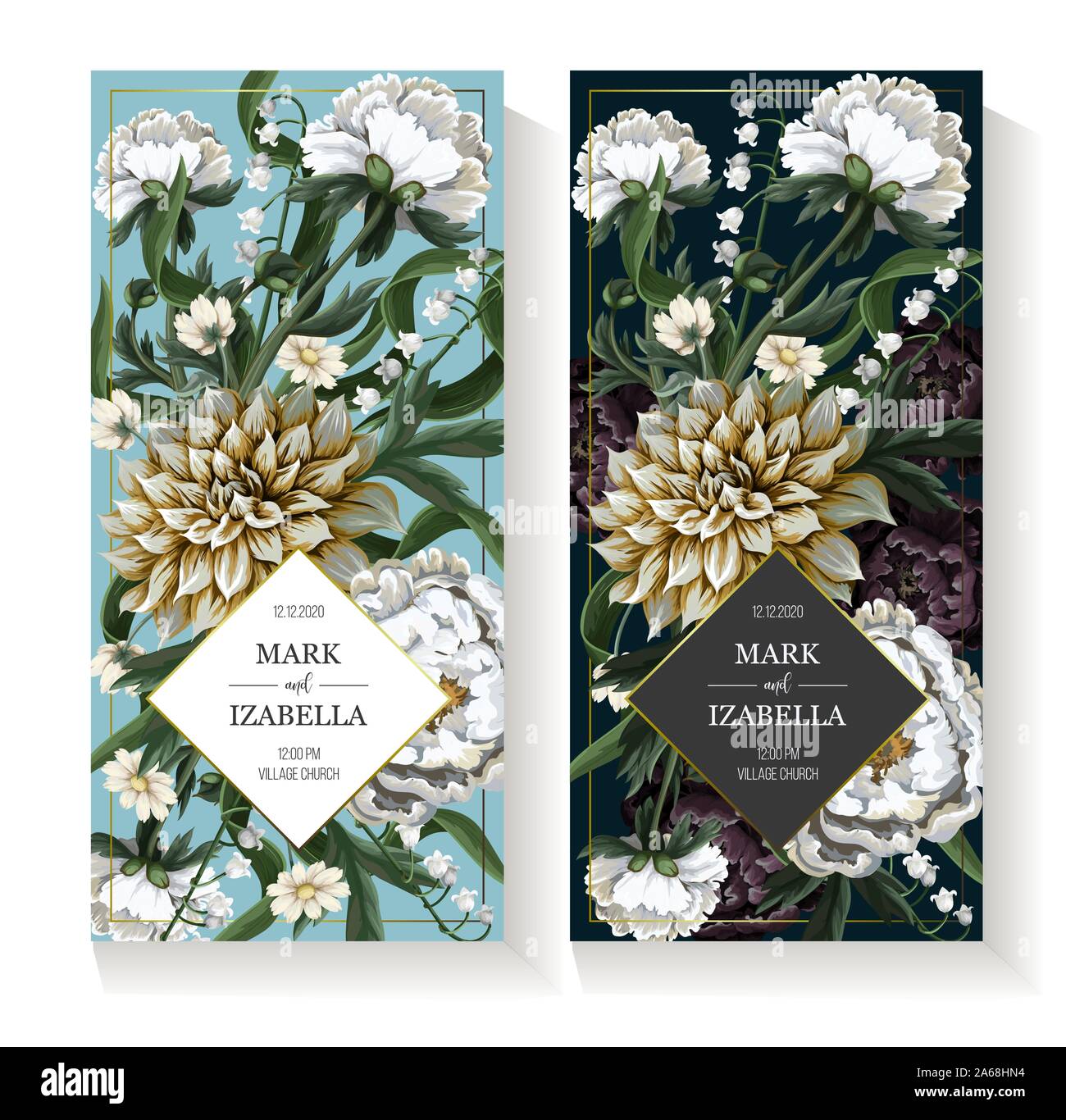 Blumensträuße mit Dahlien und Pfingstrose im Vintage Style. Vektor. Stock Vektor