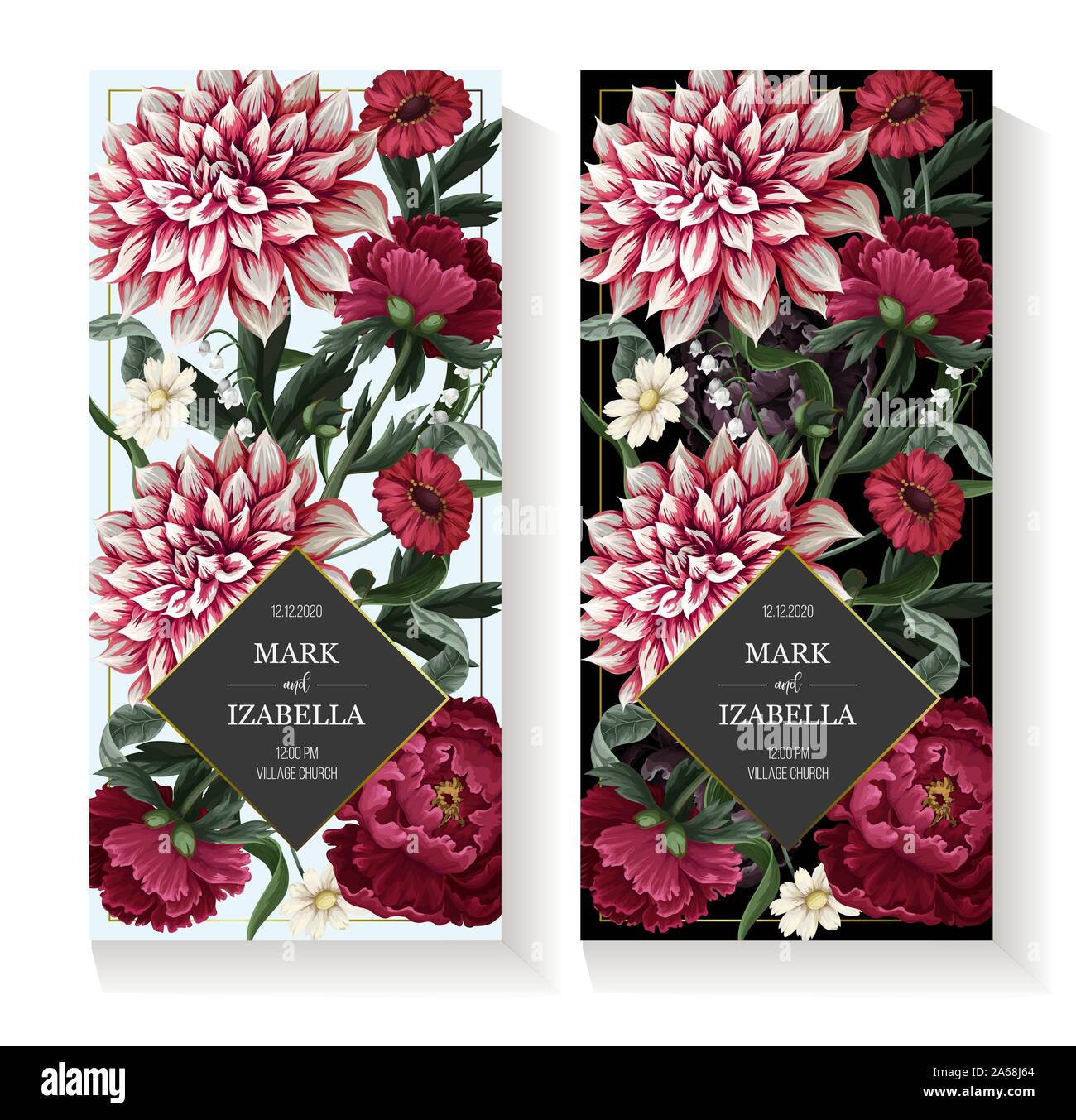 Hochzeit Einladung mit Dahlie, Pfingstrosen und wilden Blumen. Vektor. Stock Vektor