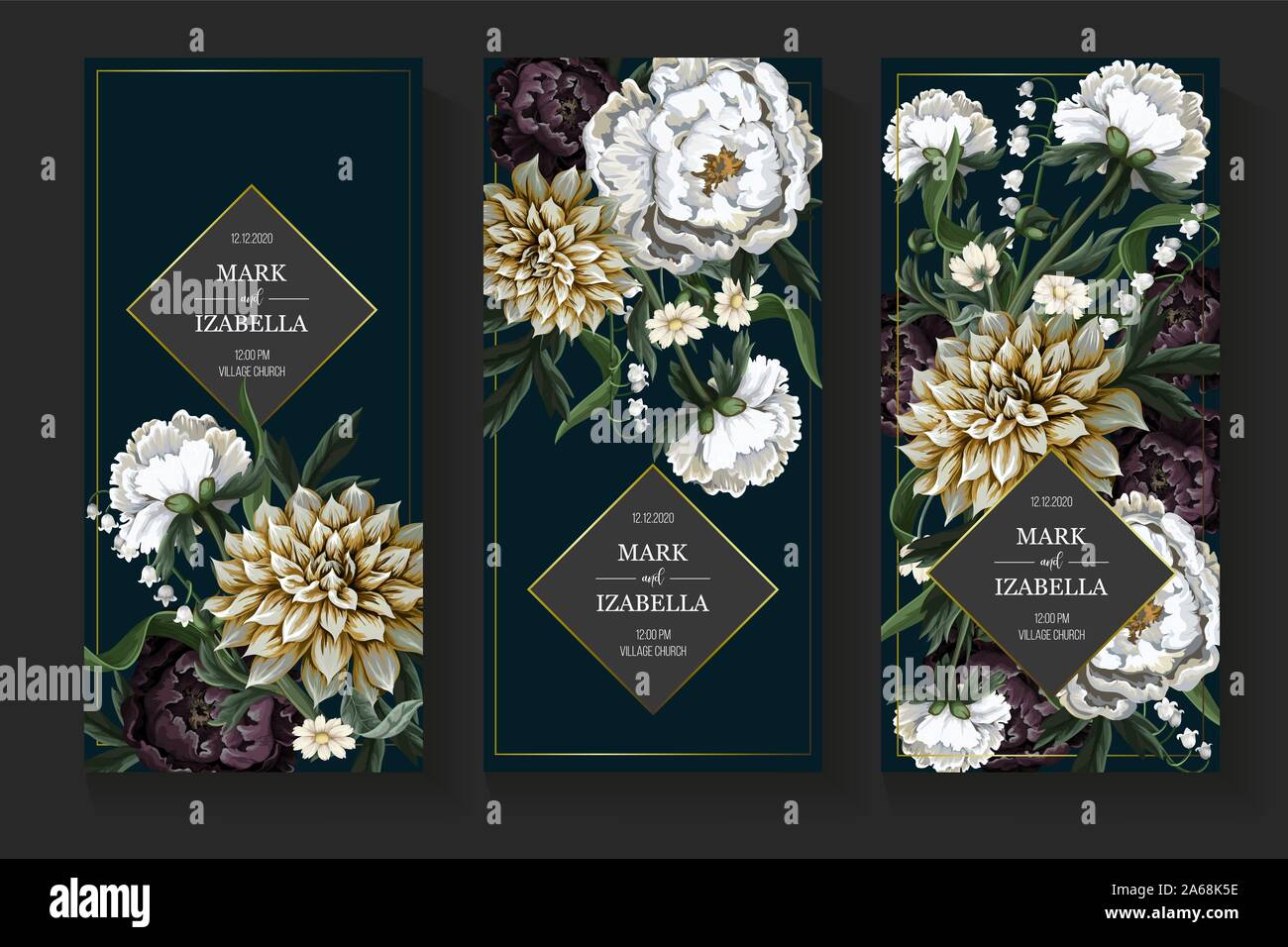 Blumensträuße mit Dahlien und Pfingstrose im Vintage Style. Vektor. Stock Vektor