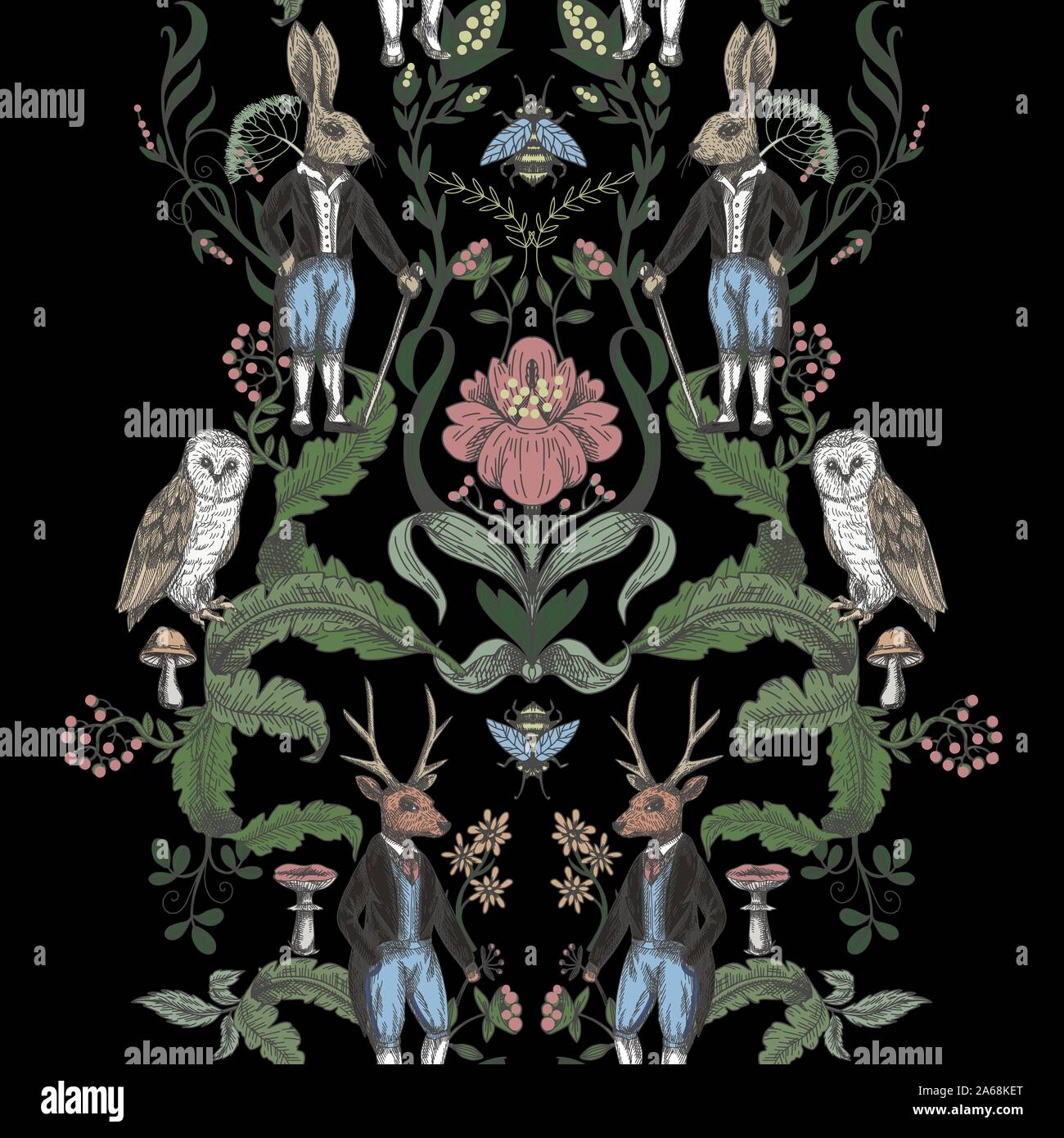 Märchenhafte Grafik nahtlose Muster mit Wald Tiere und Blumen. Stock Vektor