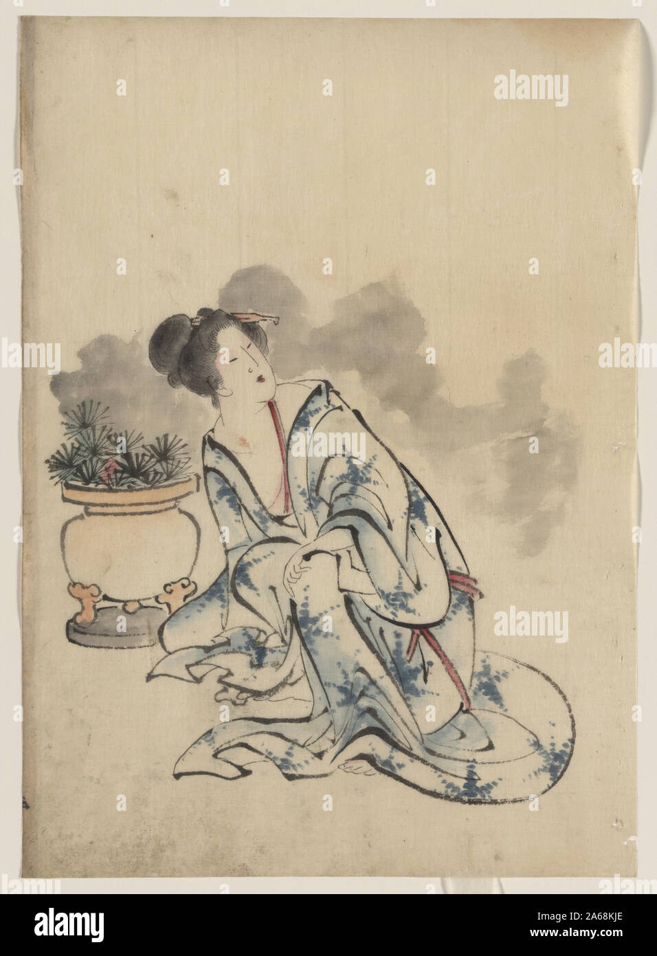 Frau, möglicherweise eine Kurtisane, neben einem Blumentopf sitzend, mit Kopf nach links nach rechts gedreht, das Tragen von Kimono mit starburst Design, dass die Pflanzen im Topf imitiert. Stockfoto