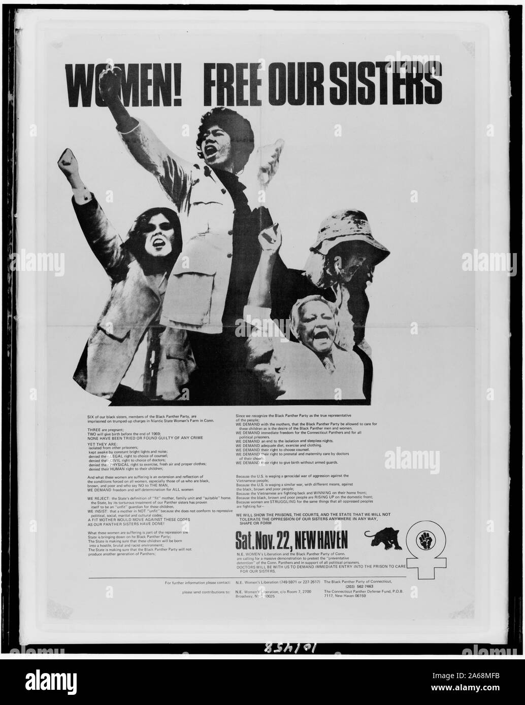 Frauen! Unsere Schwestern Abstract: Poster mit vier Frauen demonstrieren für die Freigabe von sechs Mitglieder der Black Panther Party vom Hof der Niantic State Frauen in Connecticut. Stockfoto