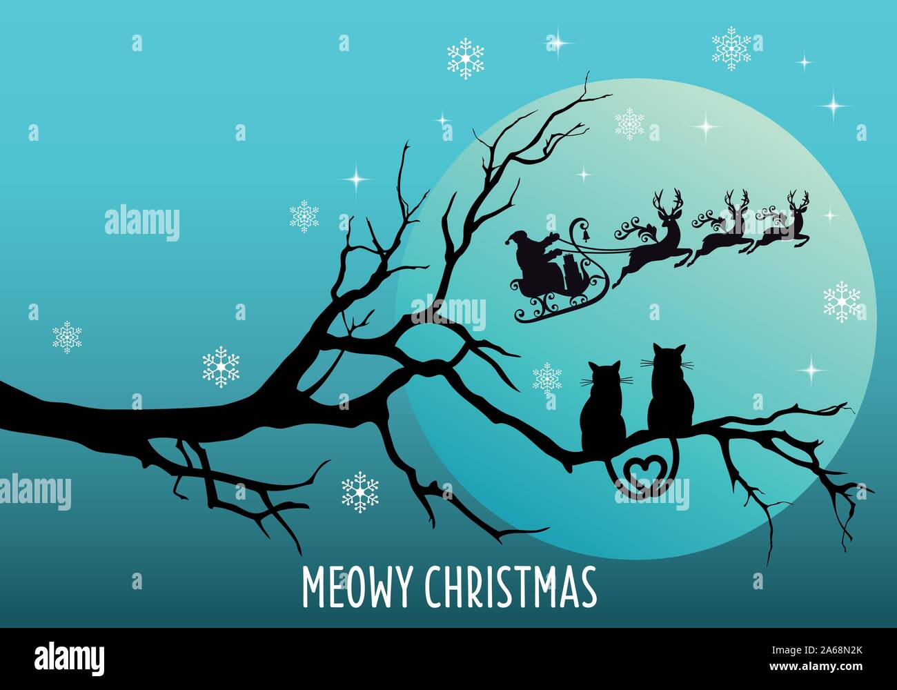 Süße Katzen beobachten Weihnachtsmann mit Rentier und Schlitten, Vektor Weihnachtskarte Stock Vektor