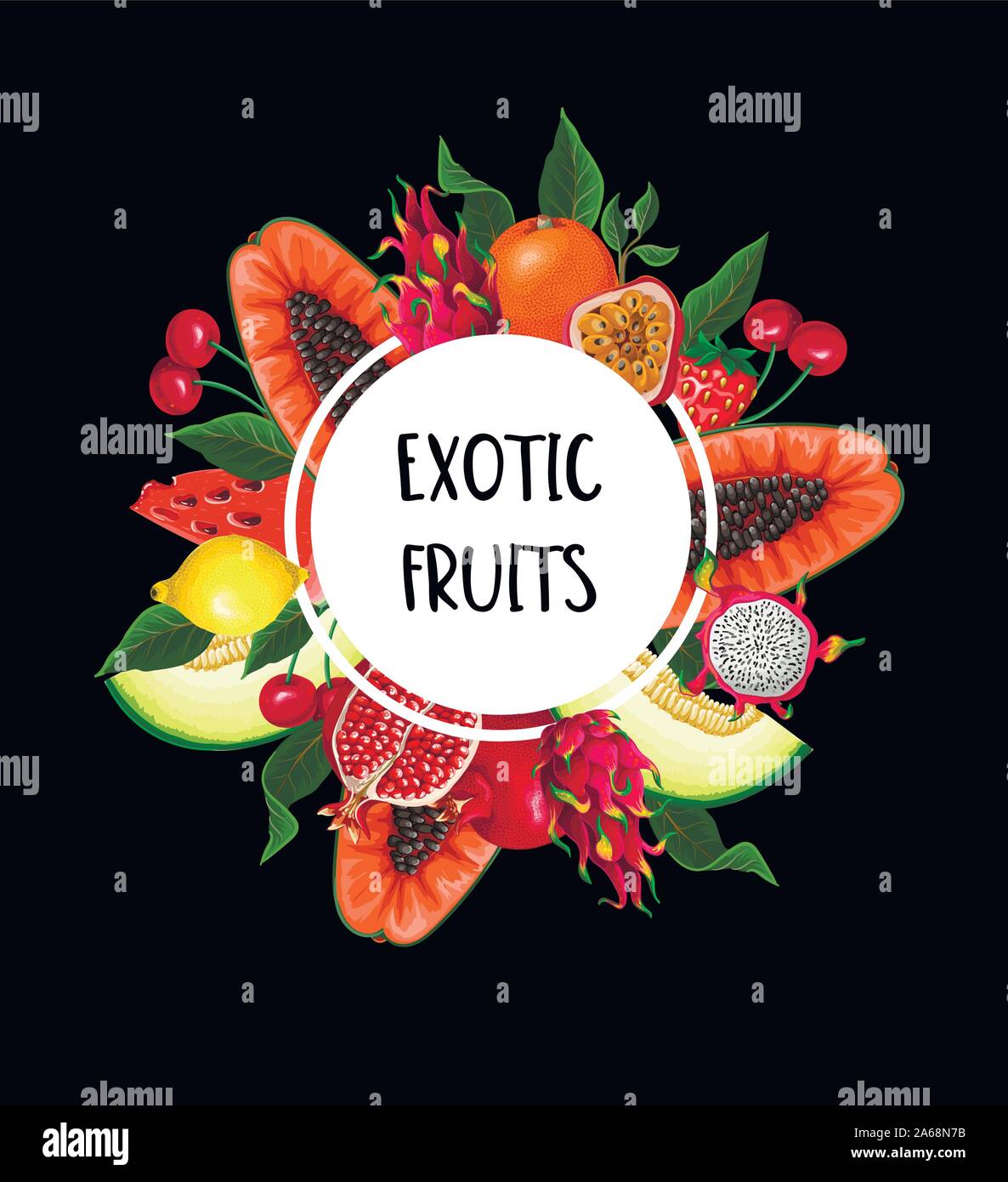 Exotische Früchte banner isoliert. Orangen, Papaya, Drachenfrucht. Wassermelone, Erdbeere und andere Stock Vektor