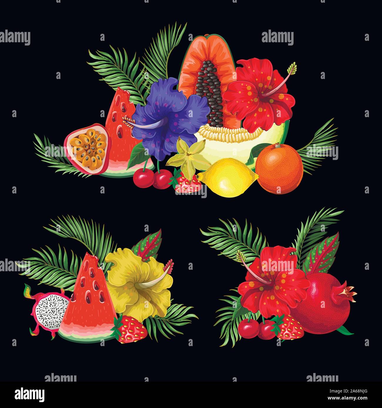 Exotische Früchte Blumensträuße isoliert. Orangen, Papaya, Drachenfrucht. Wassermelone, Erdbeere und andere Stock Vektor