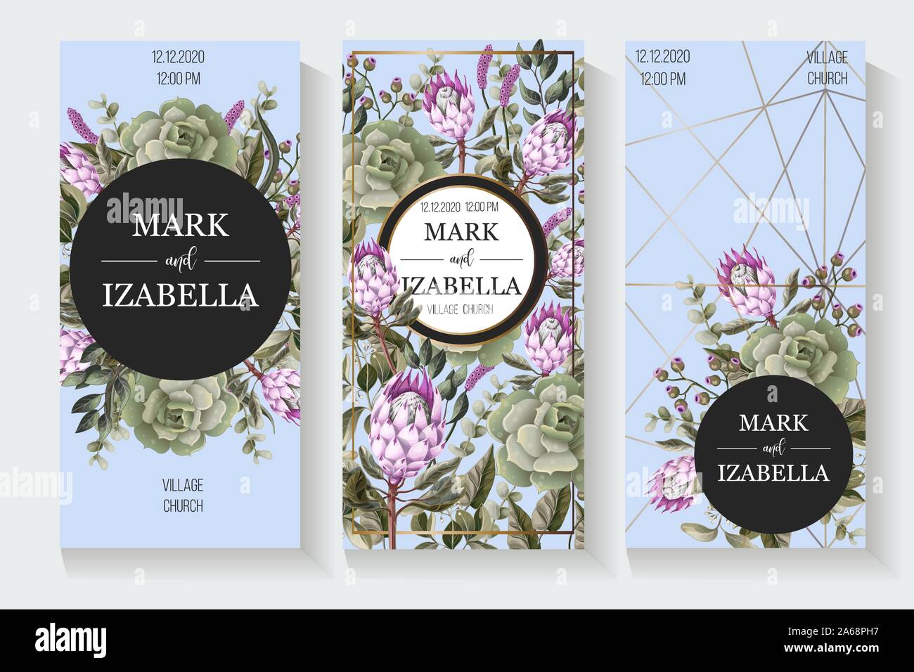 Hochzeit Einladung mit Blättern, Protea Blumen, saftige und goldenen Elementen in Aquarell Stil. Stock Vektor